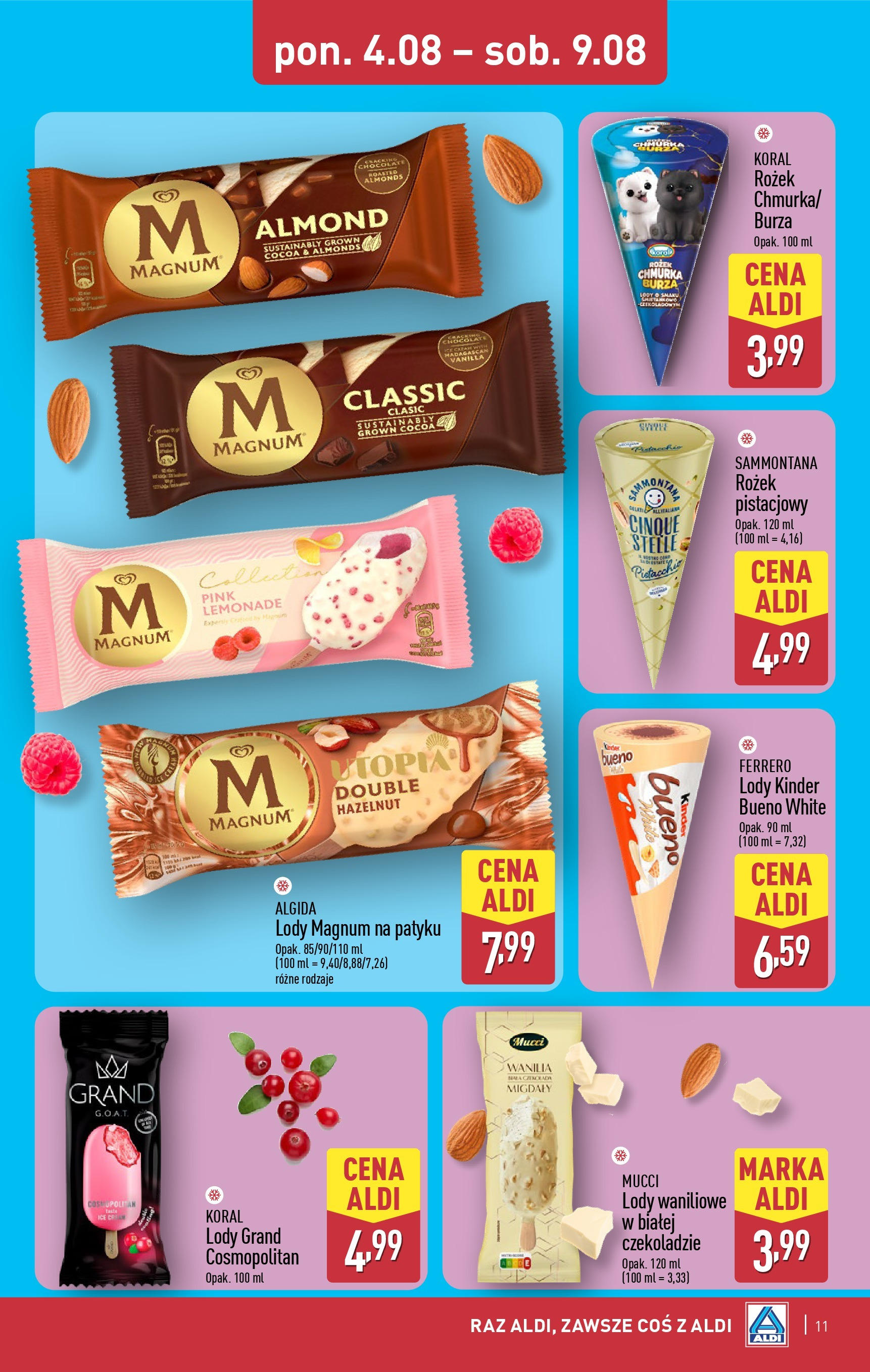 Aldi Gazetka od 04.08.2025 | Nowa PDF gazetka | Strona: 11 | Produkty: Lody waniliowe, Lody Magnum, Lody Aldi Gazetka od 04.08.2025 - Ulotka PDF, promocje | Strona: 11 | Produkty: Lody waniliowe, Lody Magnum, Lody