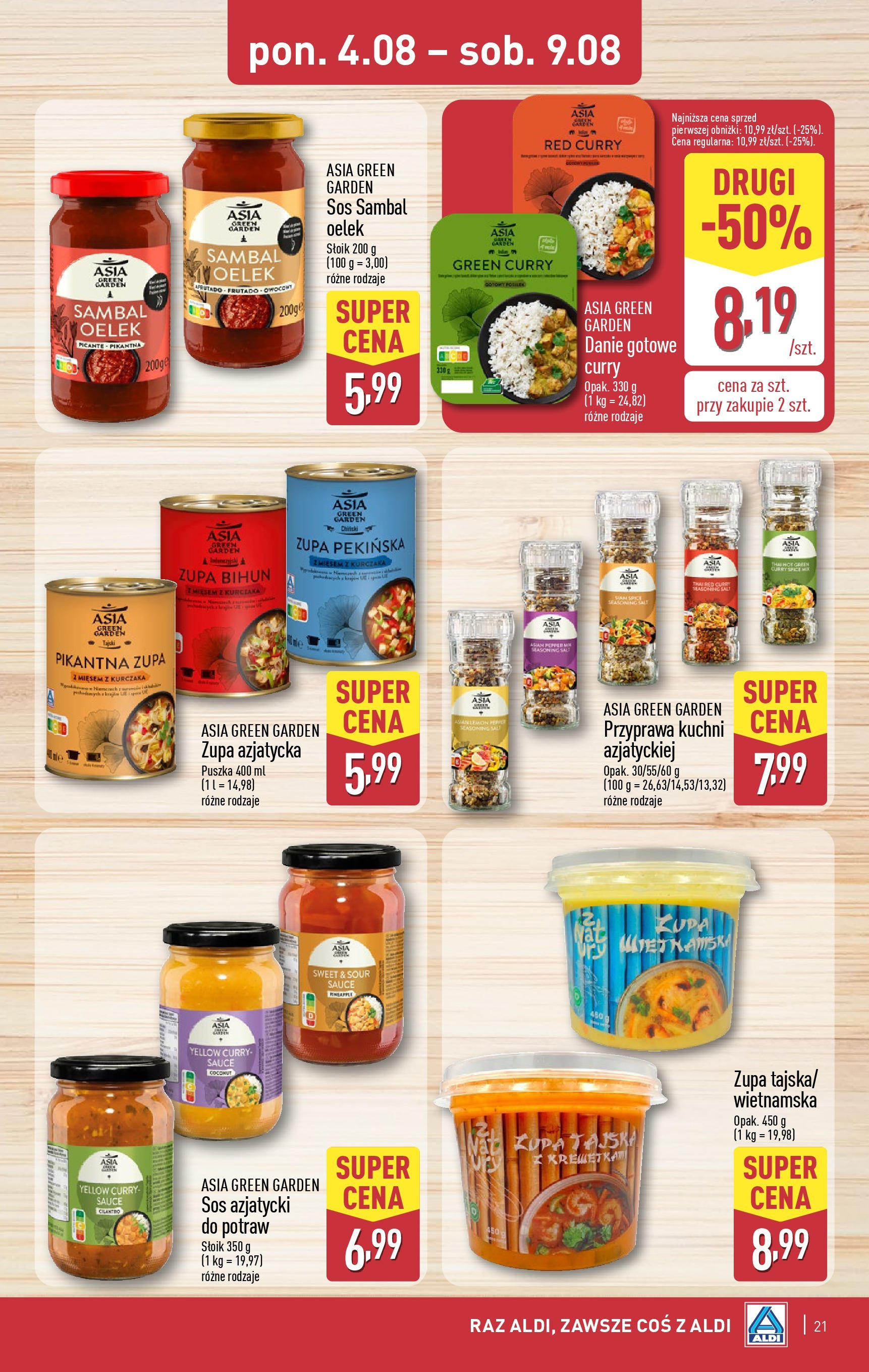 Aldi Gazetka od 04.08.2025 | Nowa PDF gazetka | Strona: 21 | Produkty: Zupa tajska, Curry, Zupa, Sos Aldi Gazetka od 04.08.2025 - Ulotka PDF, promocje | Strona: 21 | Produkty: Zupa tajska, Curry, Zupa, Sos