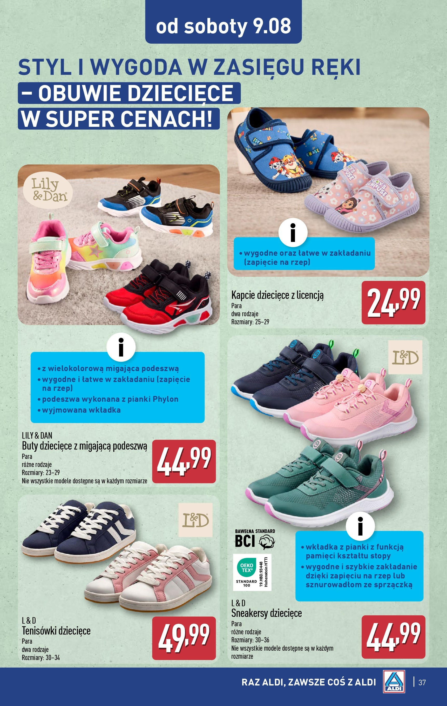 Aldi Gazetka od 04.08.2025 | Nowa PDF gazetka | Strona: 37 | Produkty: Buty, Kapcie, Tenisówki, Pianki Aldi Gazetka od 04.08.2025 - Ulotka PDF, promocje | Strona: 37 | Produkty: Buty, Kapcie, Tenisówki, Pianki