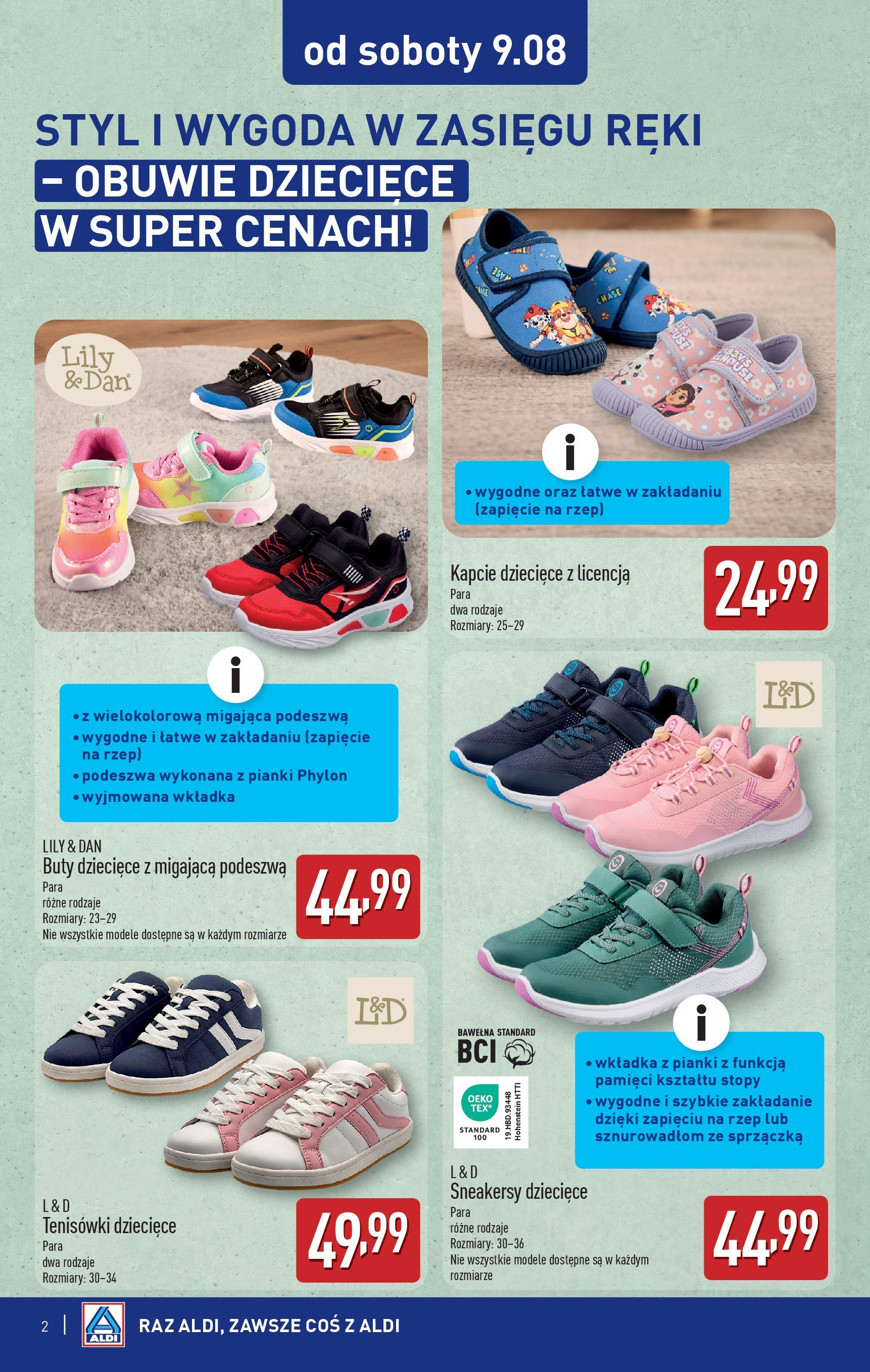 Aldi Gazetka - Od Soboty od 09.08.2025 - Ulotka PDF, promocje | Strona: 2 | Produkty: Buty, Kapcie, Tenisówki, Pianki