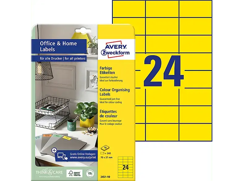 Avery ZWECKforM Farbige Etiketten, Home Office, Kleinpackung, 70 x 37 mm, 3451-10