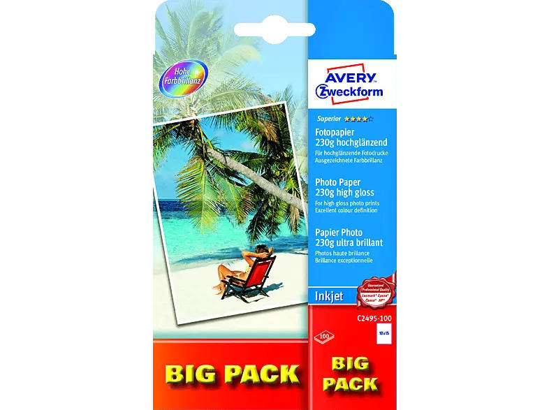 Avery ZWECKforM Superior Inkjet Fotopapier,10x15,einseitig beschichtet,230 g/m²,100 Blatt(C2495-100)