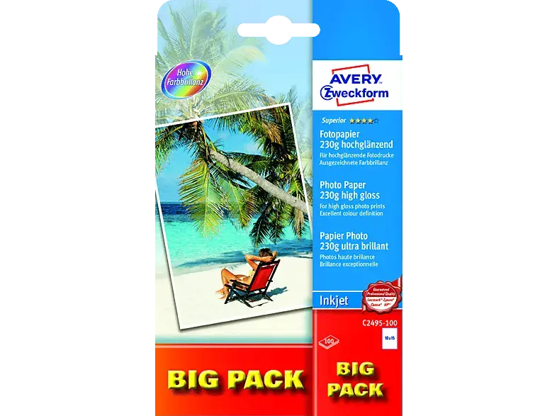 Avery ZWECKforM Superior Inkjet Fotopapier,10x15,einseitig beschichtet,230 g/m²,100 Blatt(C2495-100)