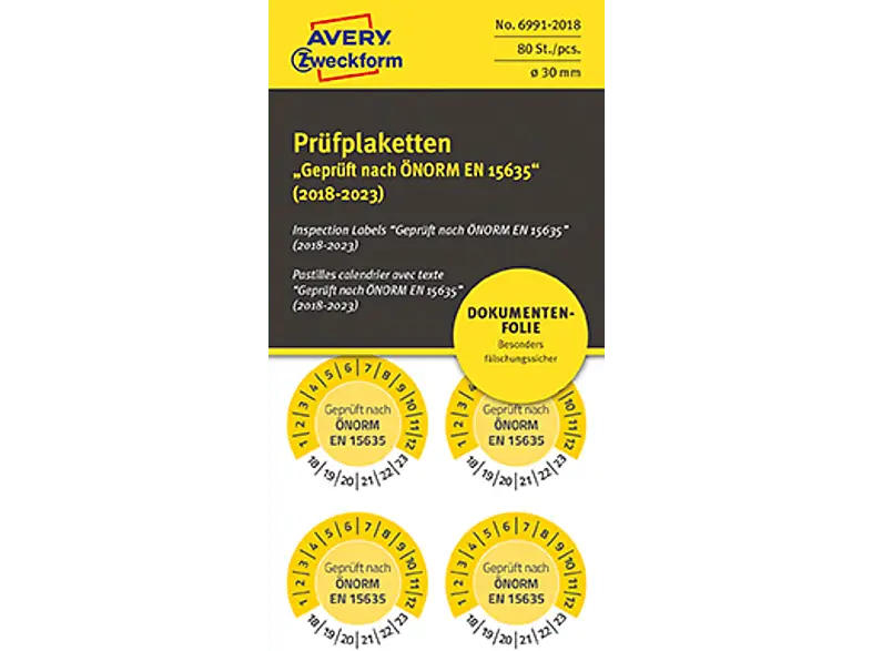 Avery ZWECKforM 6991-2018 PRÜFPL ÖNORM EN15635 18-23 NOPEEL Ø30 GB