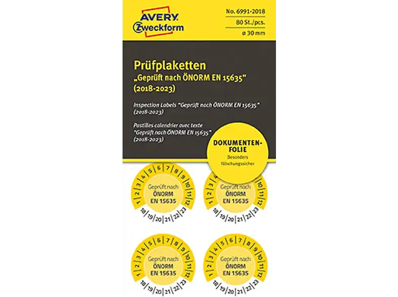 Avery ZWECKforM 6991-2018 PRÜFPL ÖNORM EN15635 18-23 NOPEEL Ø30 GB