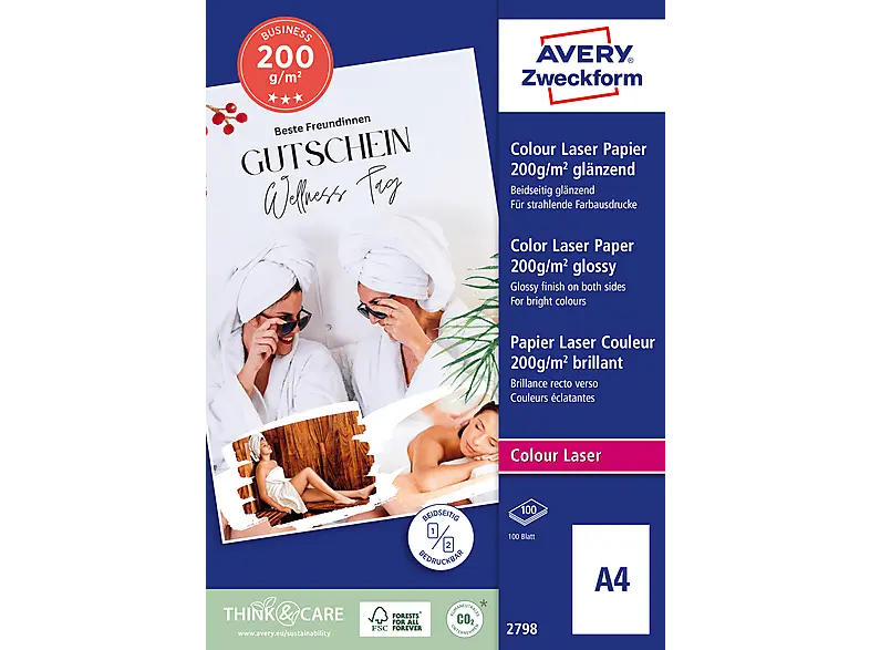 Avery ZWECKforM 2798 Business Colour Laser Papier, DIN A4, beidseitig beschichtet, 200 g/m², 100 Blatt