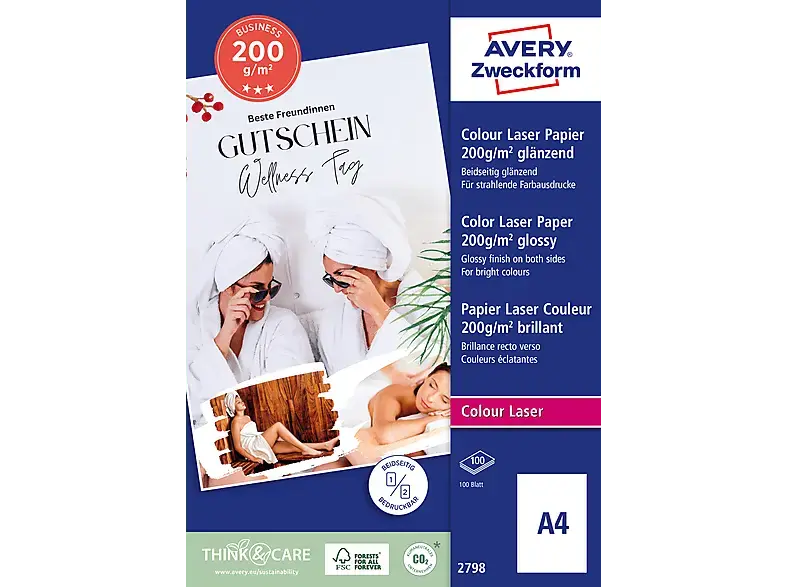 Avery ZWECKforM 2798 Business Colour Laser Papier, DIN A4, beidseitig beschichtet, 200 g/m², 100 Blatt