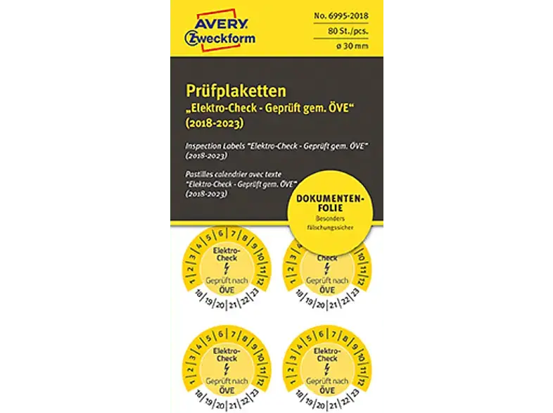 Avery ZWECKforM 6995-2018 PRÜFPL ELEKTRO-CH ÖVE 18-23 NOPEEL Ø30GB