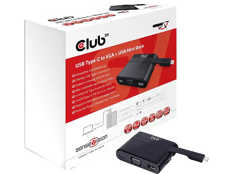 CLUB-3D Videoadapter SenseVision USB Typ-C auf VGA + 3.0 Charging Mini Dock