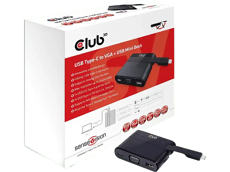 CLUB-3D Videoadapter SenseVision USB Typ-C auf VGA + 3.0 Charging Mini Dock