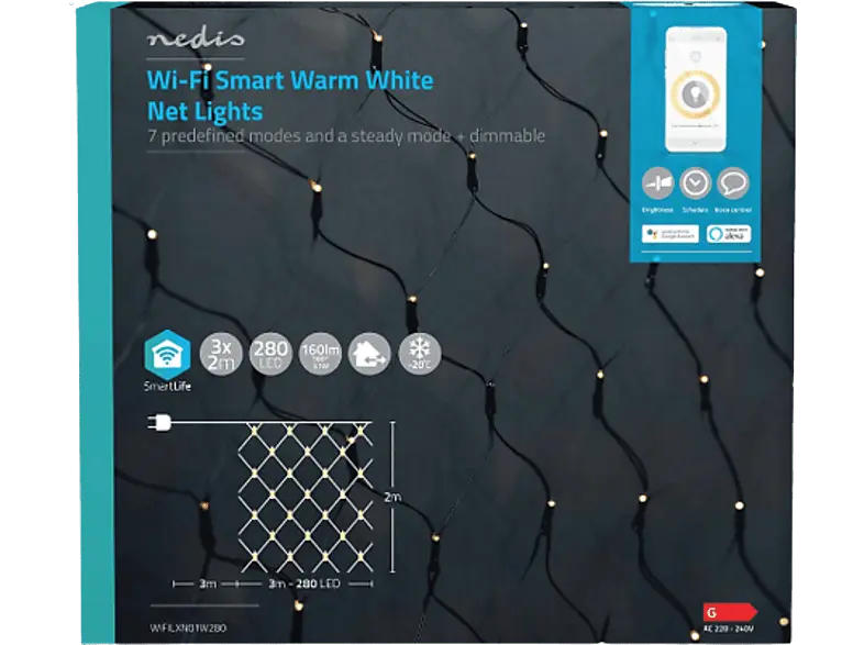 Nedis SmartLife WLAN LED Lichternetz, 3x 2m, 280 LED's, Warmweiß; LED-Lichternetz