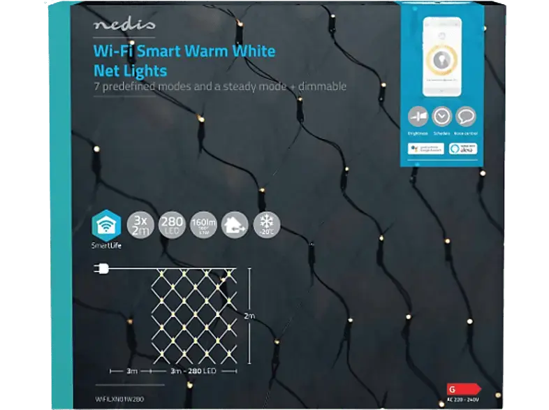 Nedis SmartLife WLAN LED Lichternetz, 3x 2m, 280 LED's, Warmweiß; LED-Lichternetz