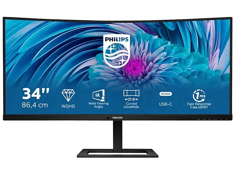 PHILIPS 346E2CUAE 34 Zoll Curved Gaming Monitor, Full-HD, 1 ms Reaktionszeit, 300 cd/m², 100 Hz, Textured Black