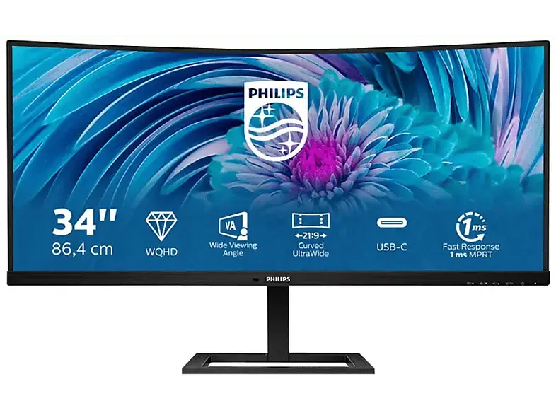 PHILIPS 346E2CUAE 34 Zoll Curved Gaming Monitor, Full-HD, 1 ms Reaktionszeit, 300 cd/m², 100 Hz, Textured Black