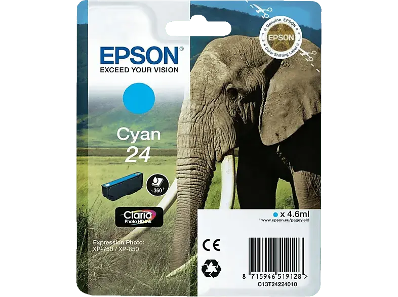 EPSON Elefant, 24, Cyan, C13T24224012; Tintenpatrone