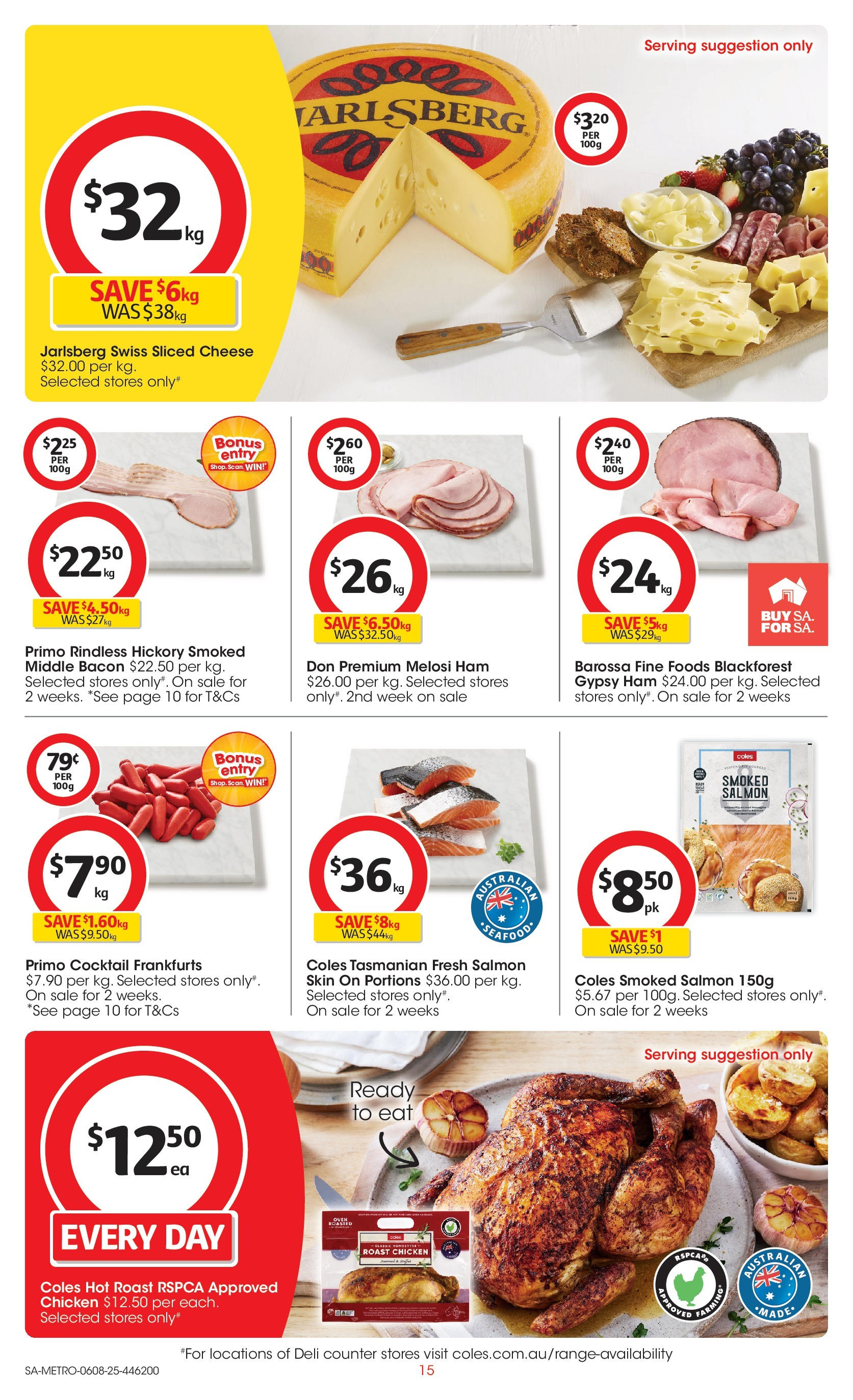 ﻿﻿Coles catalogue valid from 06/08/2025 > Online Australia | Page: 15 | Products: Cheese, Ham, Salmon, Seafood
