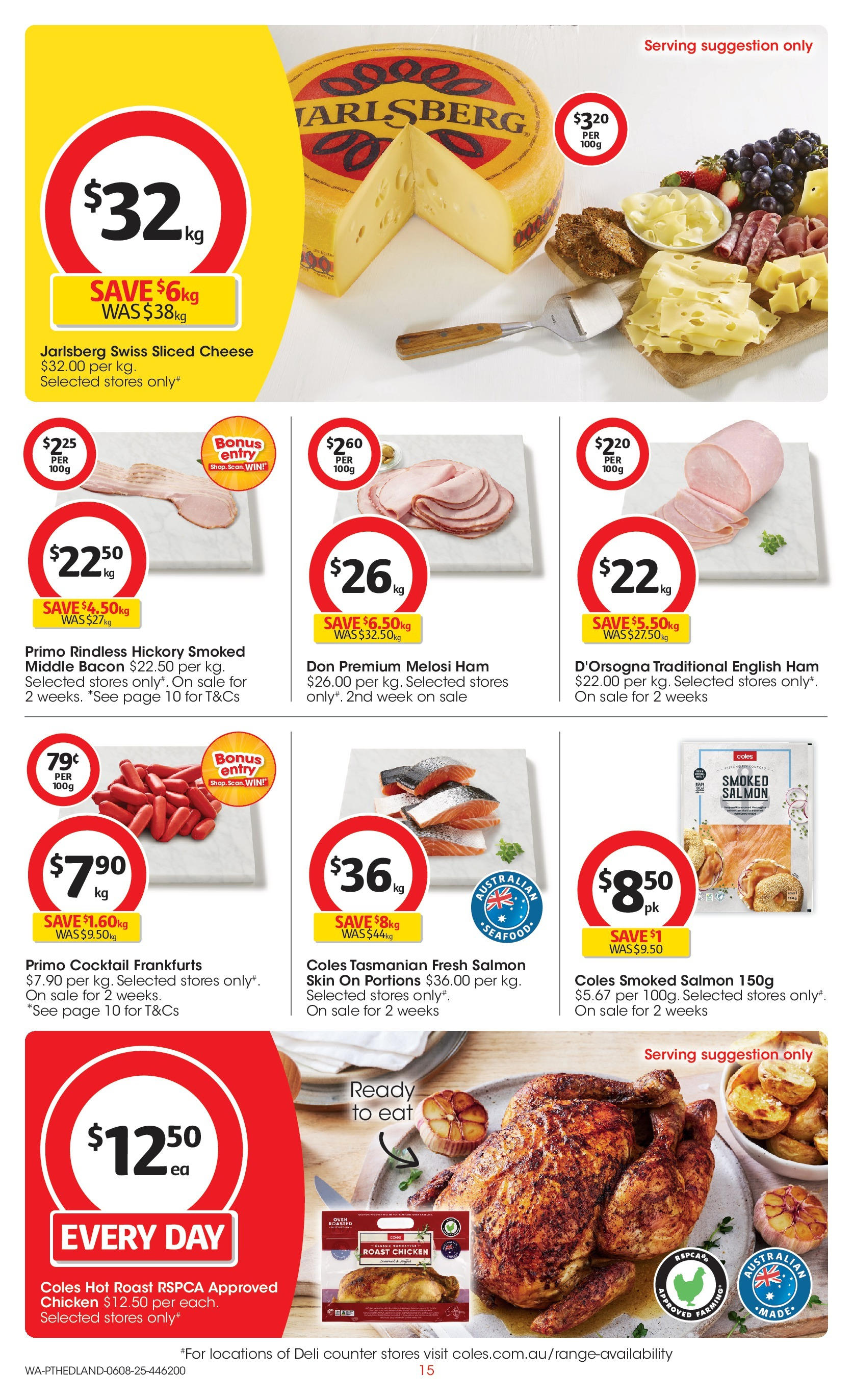 ﻿﻿Coles catalogue valid from 06/08/2025 > Online Australia | Page: 15 | Products: Bacon, Cheese, Ham, Salmon