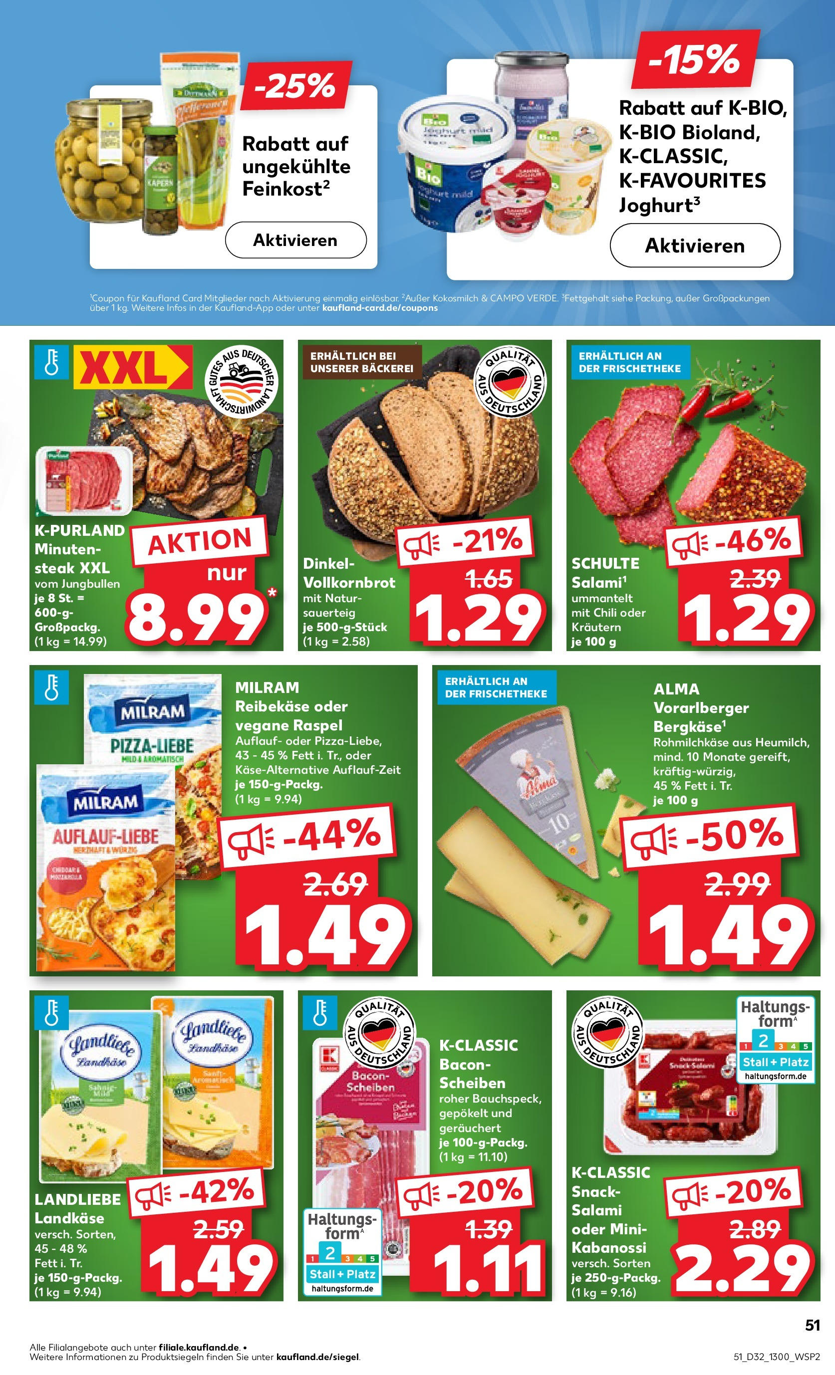 Prospekt Kaufland ab 07.08.2025 » Angebote Online zum Blättern | Seite: 51 | Produkte: Bäckerei, Joghurt, Salami, Reibekase