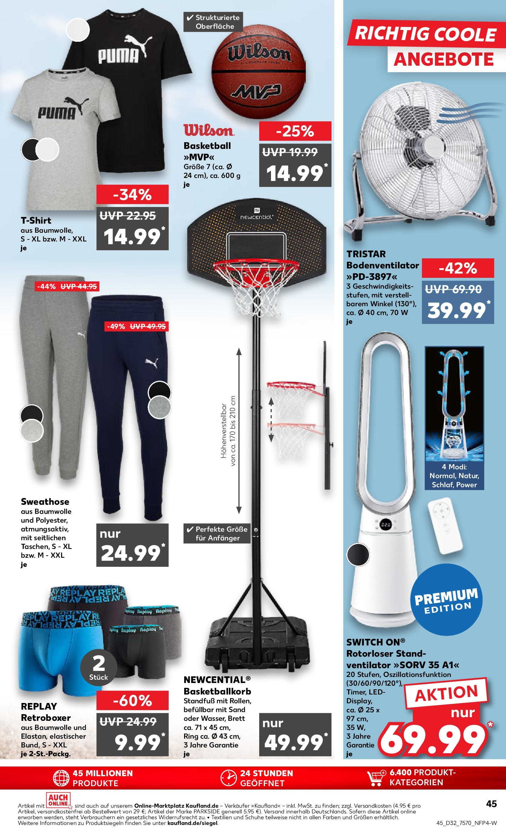 Prospekt Kaufland ab 07.08.2025 » Angebote Online zum Blättern | Seite: 45 | Produkte: Sweathose, Ventilator, T-Shirt, Basketball