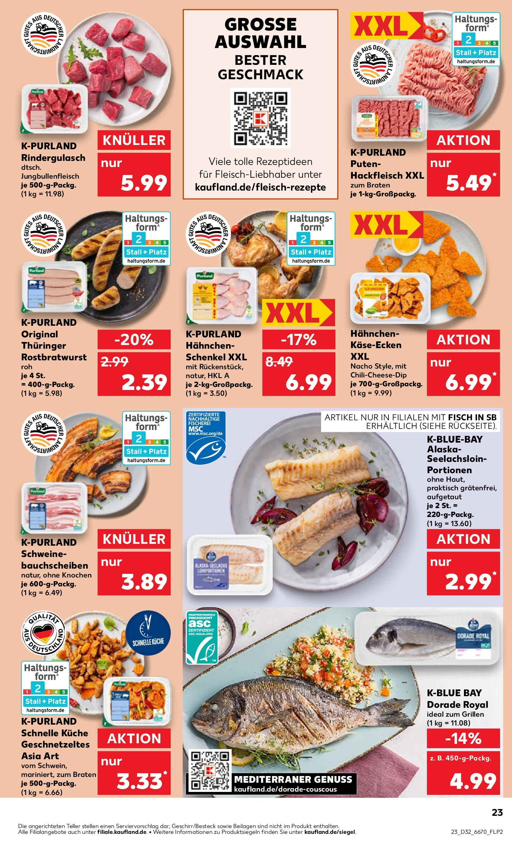 Prospekt Kaufland ab 07.08.2025 » Angebote Online zum Blättern | Seite: 23 | Produkte: Dorade, Rindergulasch, Fisch, Hackfleisch