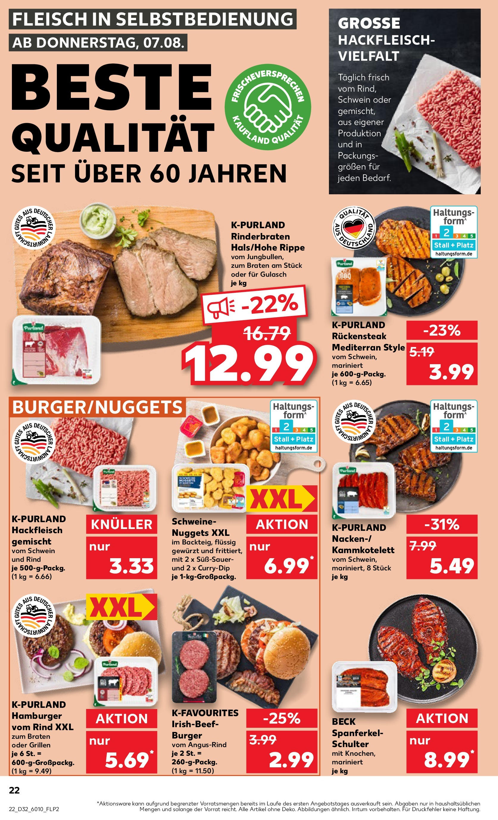 Prospekt Kaufland ab 07.08.2025 » Angebote Online zum Blättern | Seite: 22 | Produkte: Rinderbraten, Gulasch, Fleisch, Hackfleisch