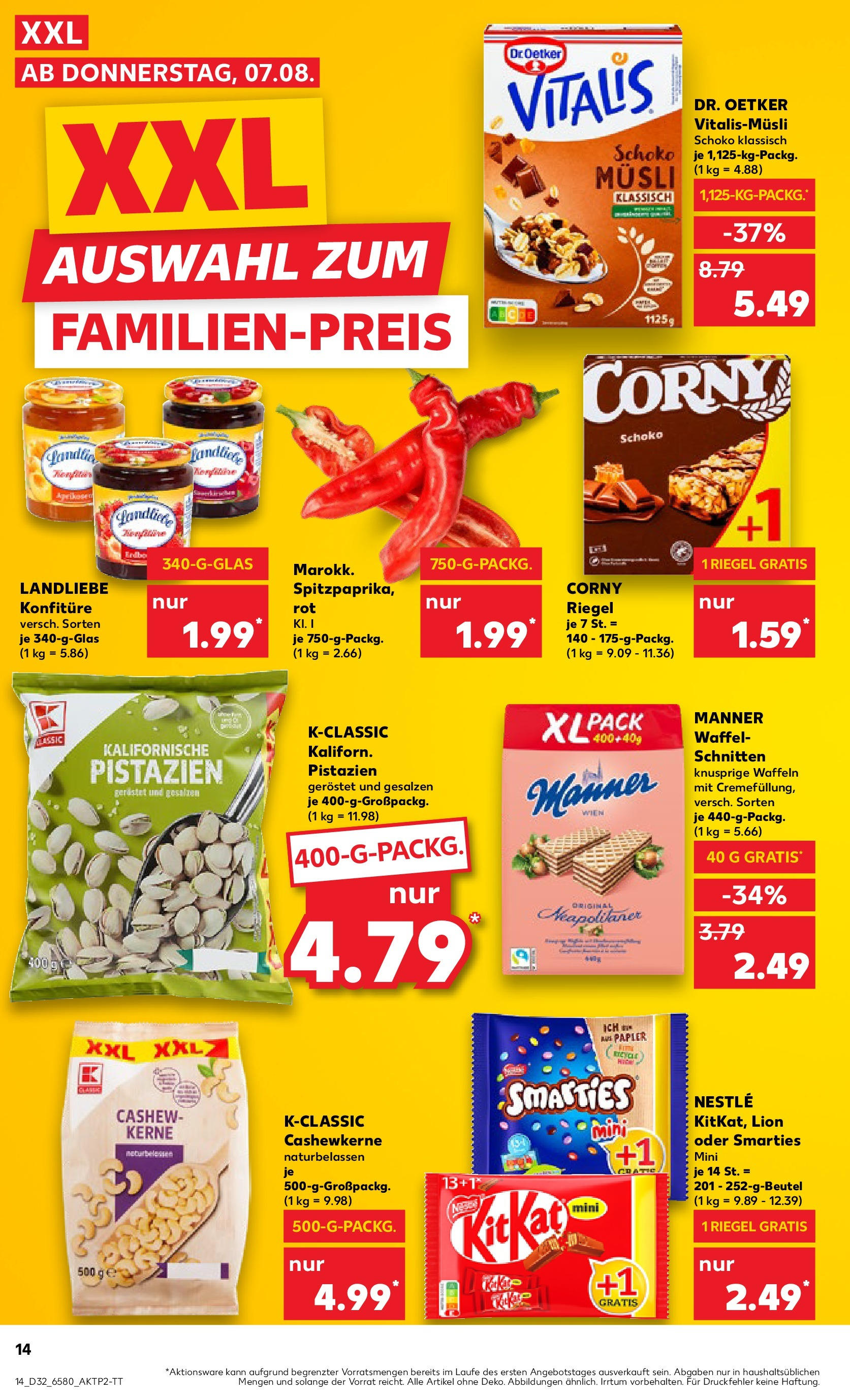 Prospekt Kaufland ab 07.08.2025 » Angebote Online zum Blättern | Seite: 14 | Produkte: Musli, Corny riegel, Smarties, Waffeln
