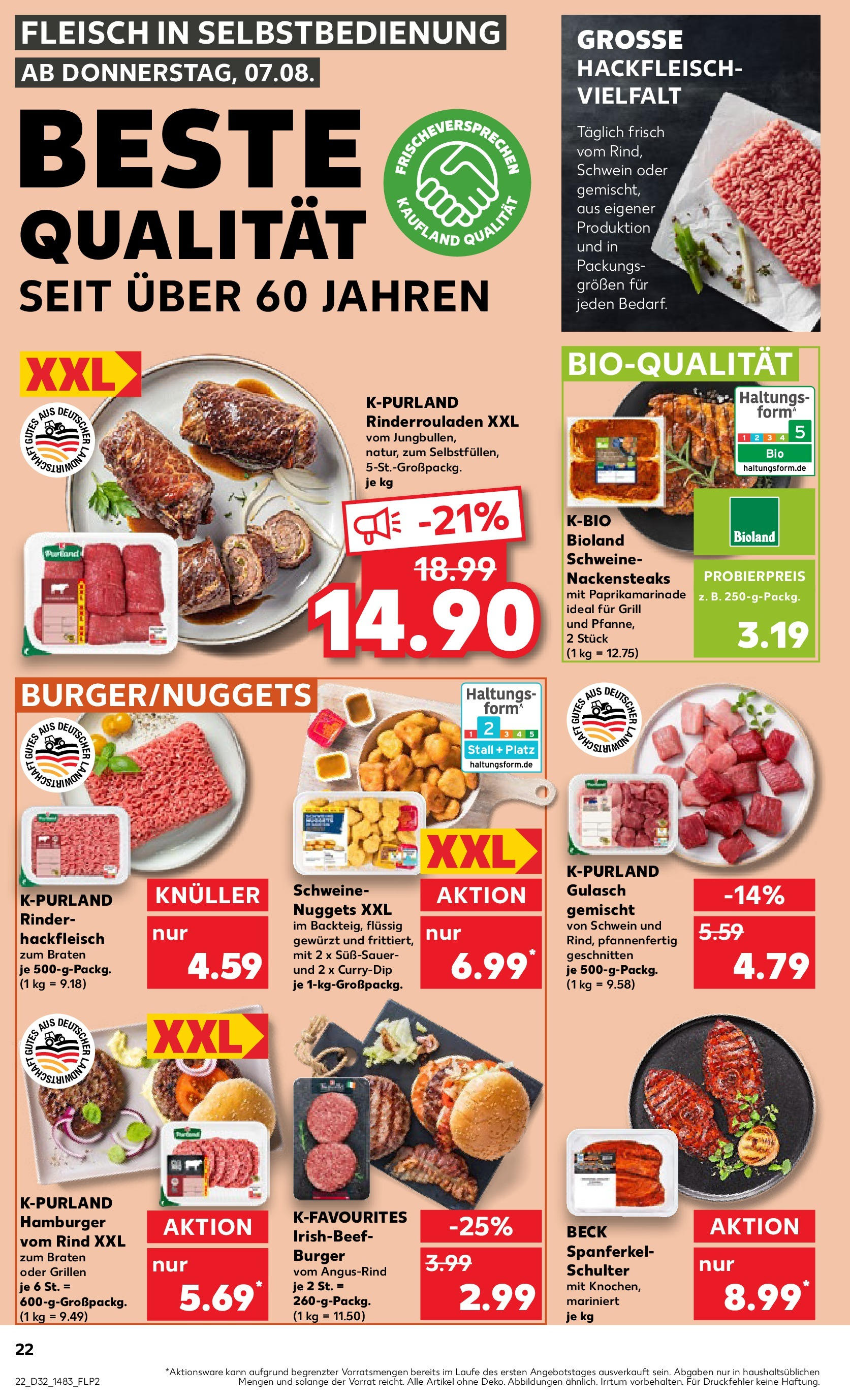 Prospekt Kaufland ab 07.08.2025 » Angebote Online zum Blättern | Seite: 22 | Produkte: Nackensteaks, Burger, Steak, Hackfleisch