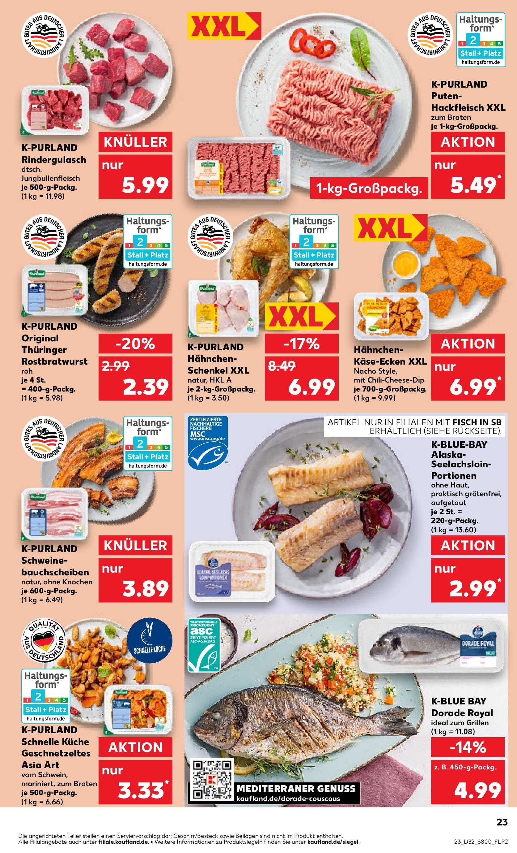 Prospekt Kaufland ab 07.08.2025 » Angebote Online zum Blättern | Seite: 23 | Produkte: Dorade, Rindergulasch, Hahnchen, Hackfleisch