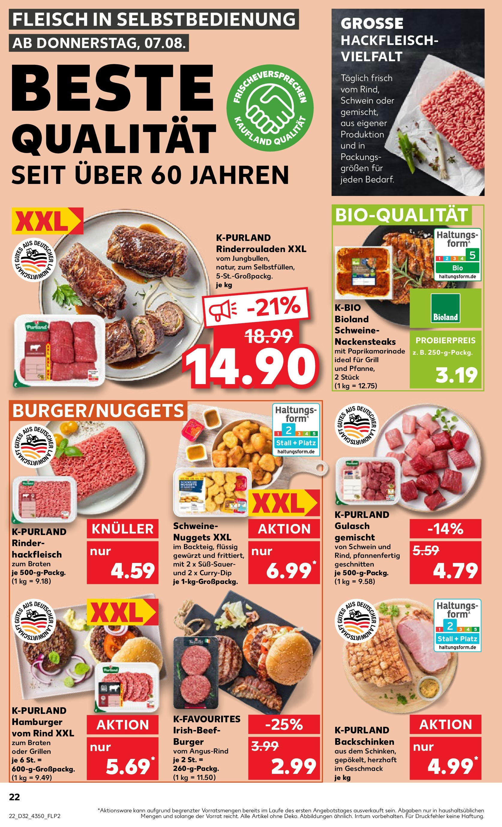 Prospekt Kaufland ab 07.08.2025 » Angebote Online zum Blättern | Seite: 22 | Produkte: Rinderrouladen, Grill, Fleisch, Hackfleisch