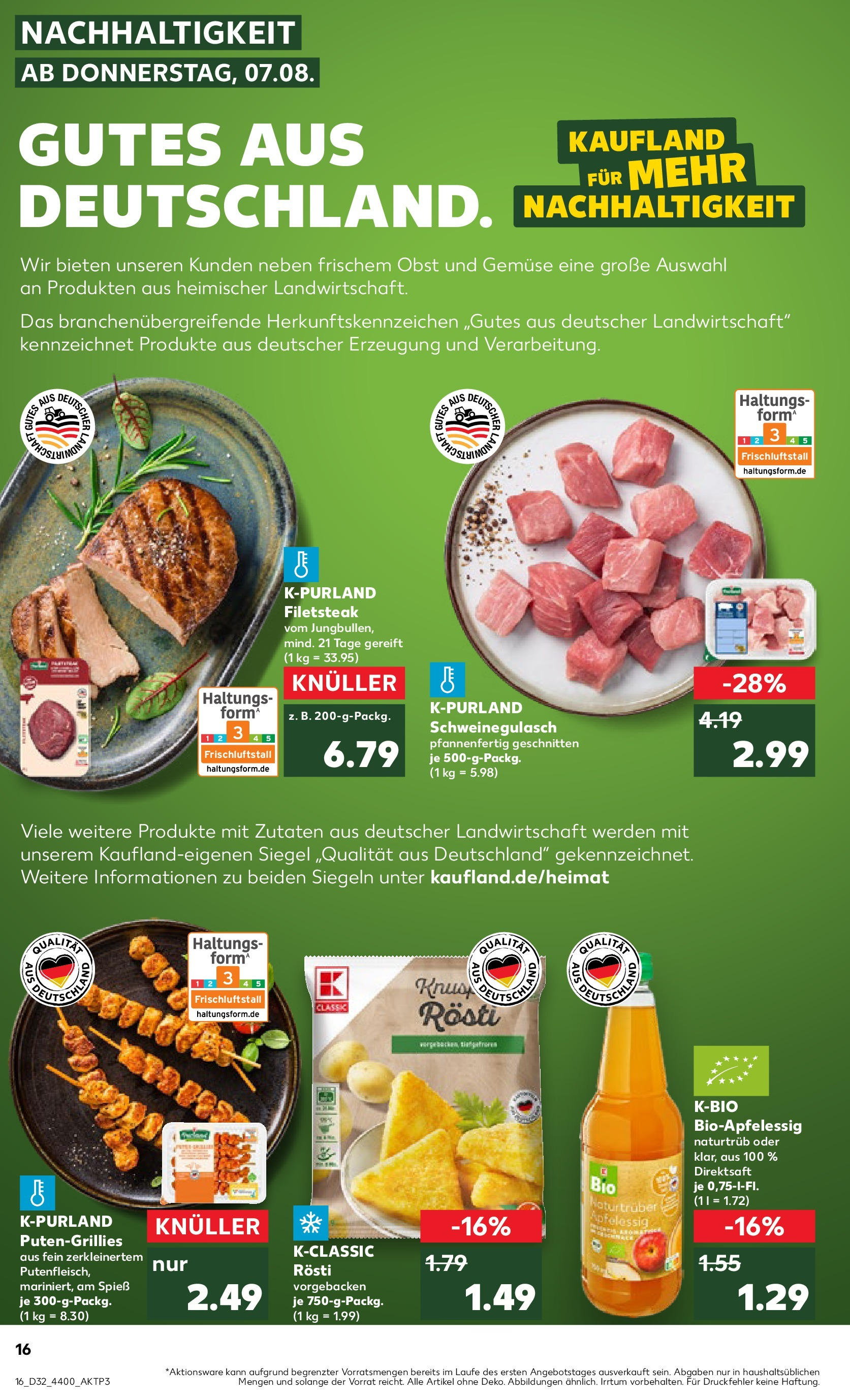 Prospekt Kaufland ab 07.08.2025 » Angebote Online zum Blättern | Seite: 16 | Produkte: Schweinegulasch, Gemüse, Obst, Steak