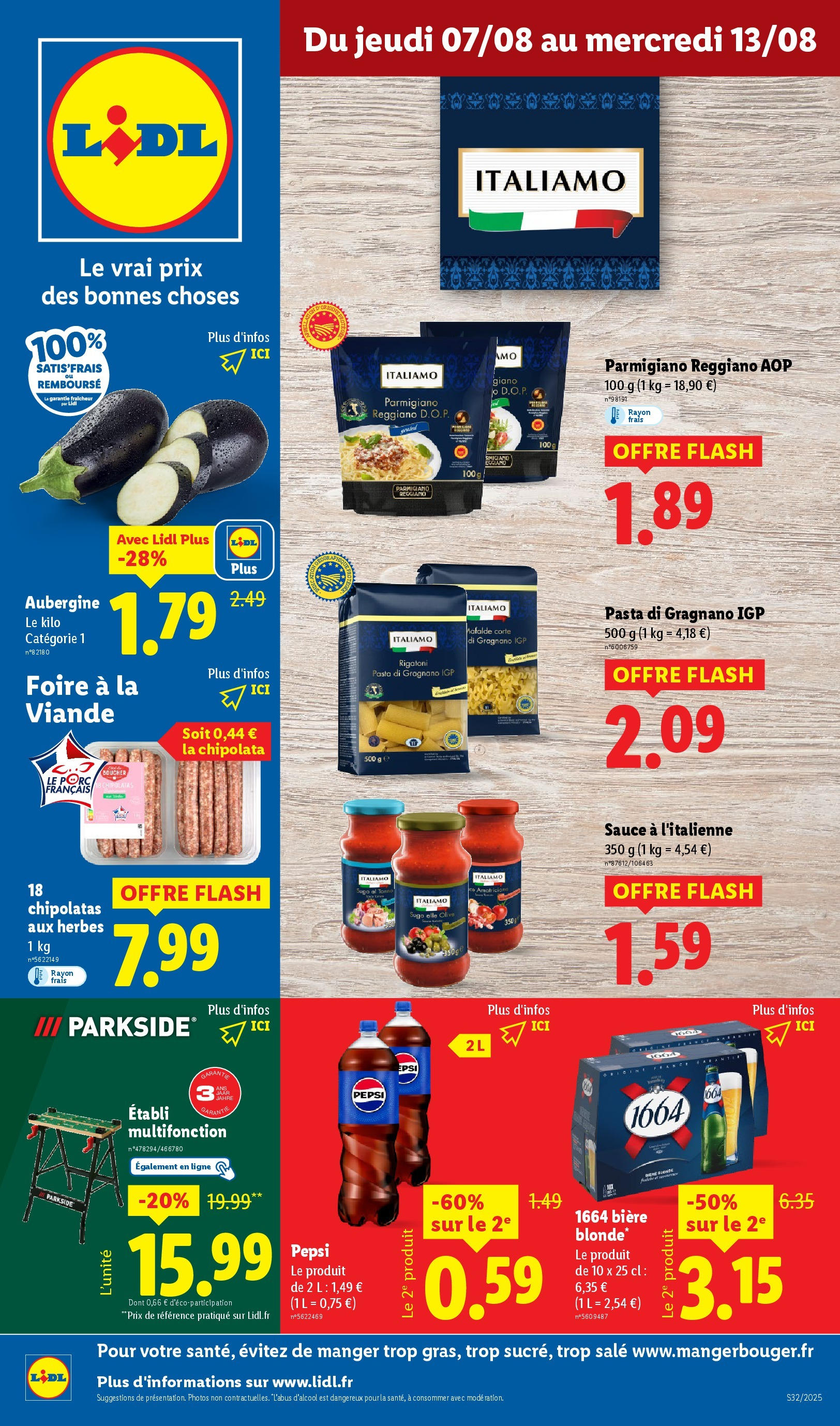 Catalogue LIDL du 06/08/2025 | Promo prospectus en ligne | Page: 1 | Produits: Parmesan, Table, Viande, Bière Catalogue LIDL du 06/08/2025 | Promo prospectus en ligne | Page: 1 | Produits: Parmesan, Table, Viande, Bière