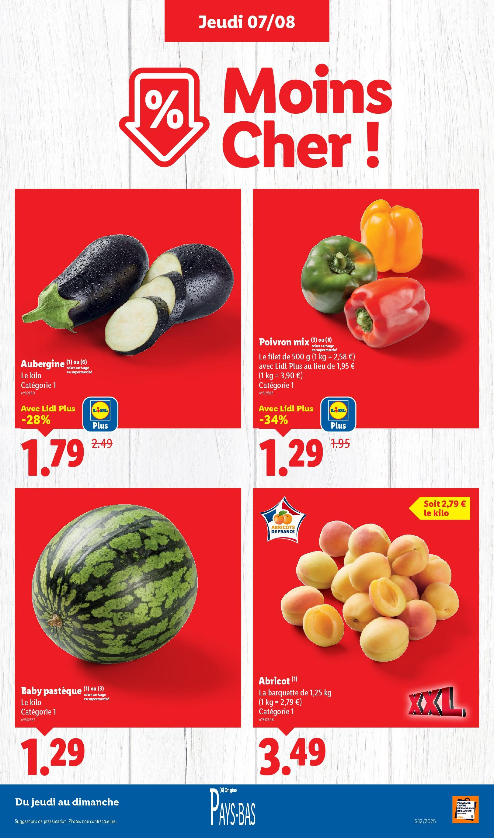 Catalogue LIDL du 06/08/2025 | Promo prospectus en ligne | Page: 5 | Produits: Pastèque, Aubergine, Poivron, Abricots Catalogue LIDL du 06/08/2025 | Promo prospectus en ligne | Page: 5 | Produits: Pastèque, Aubergine, Poivron, Abricots