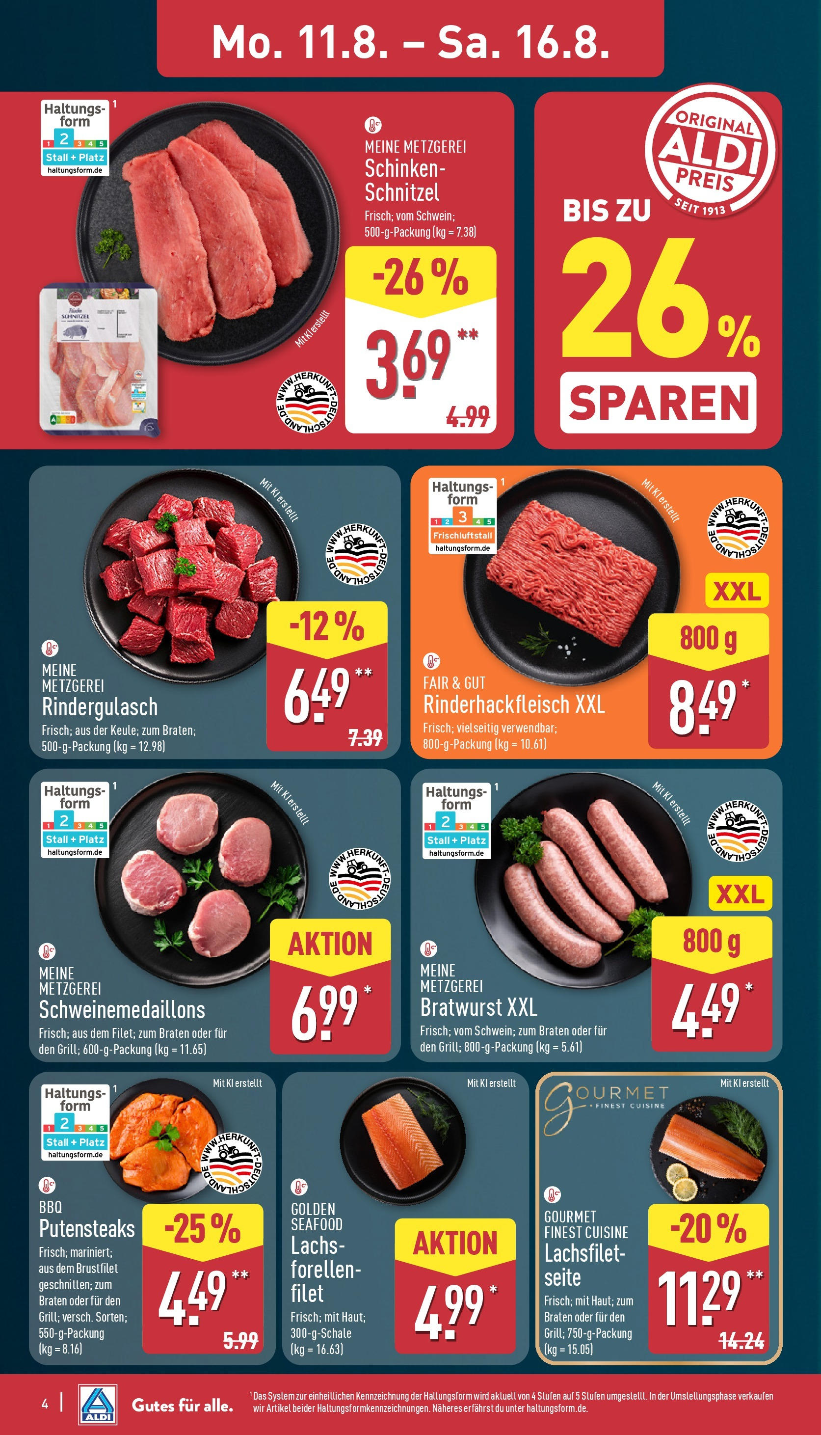 Aldi Prospekt 	 (ab 11.08.2025) » Angebote Online | Seite: 4 | Produkte: Bratwurst, Schnitzel, Lachs, Schinken