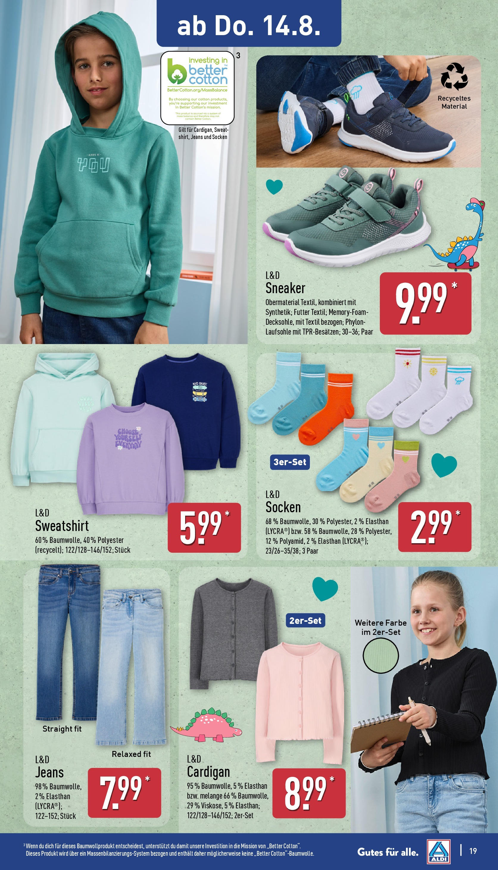 Aldi Prospekt 	 (ab 11.08.2025) » Angebote Online | Seite: 19 | Produkte: Sweatshirt, Cardigan, Socken, Jeans
