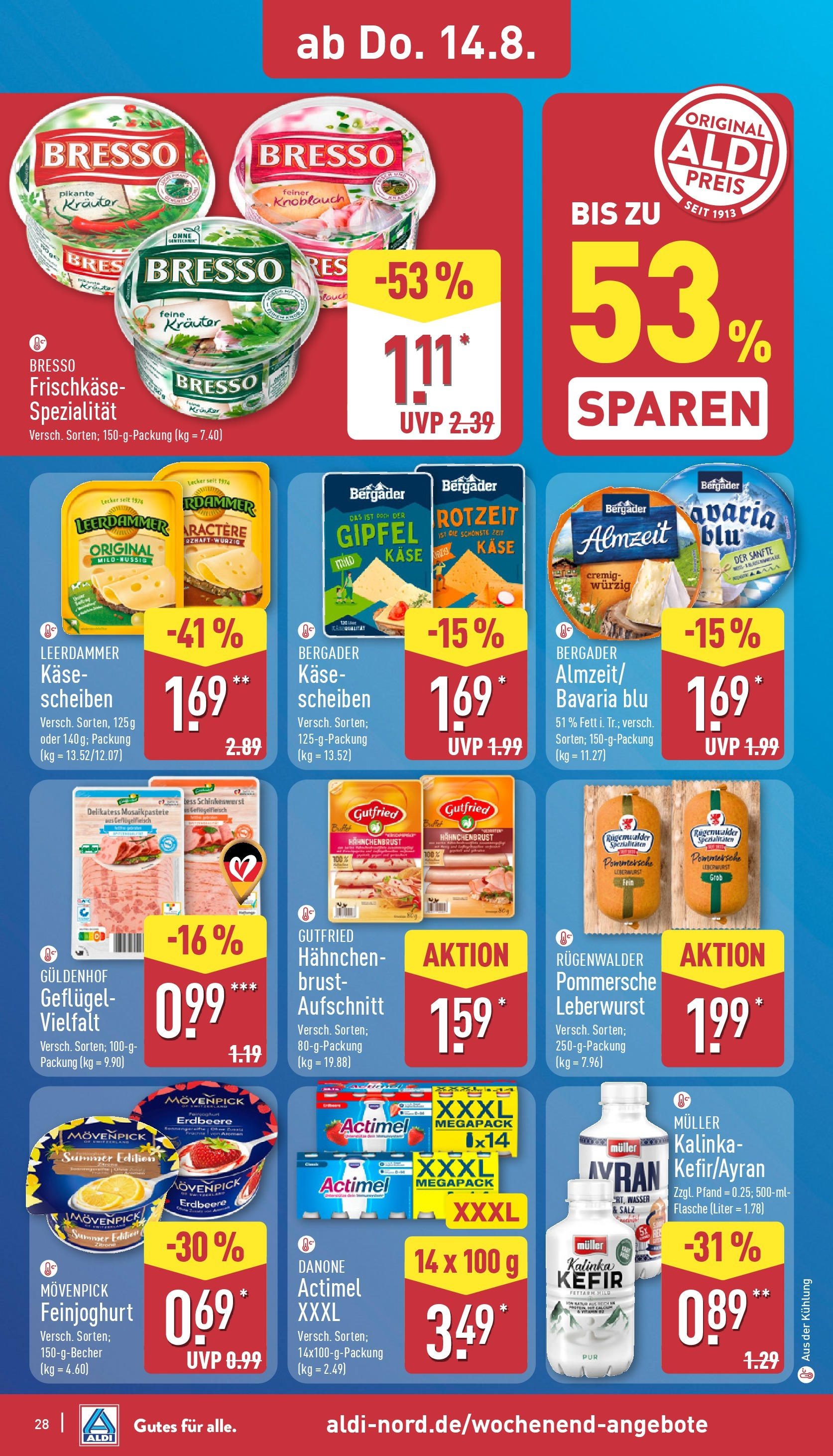 Aldi Prospekt 	 (ab 11.08.2025) » Angebote Online | Seite: 28 | Produkte: Actimel, Leerdammer, Salz, Hahnchenbrust
