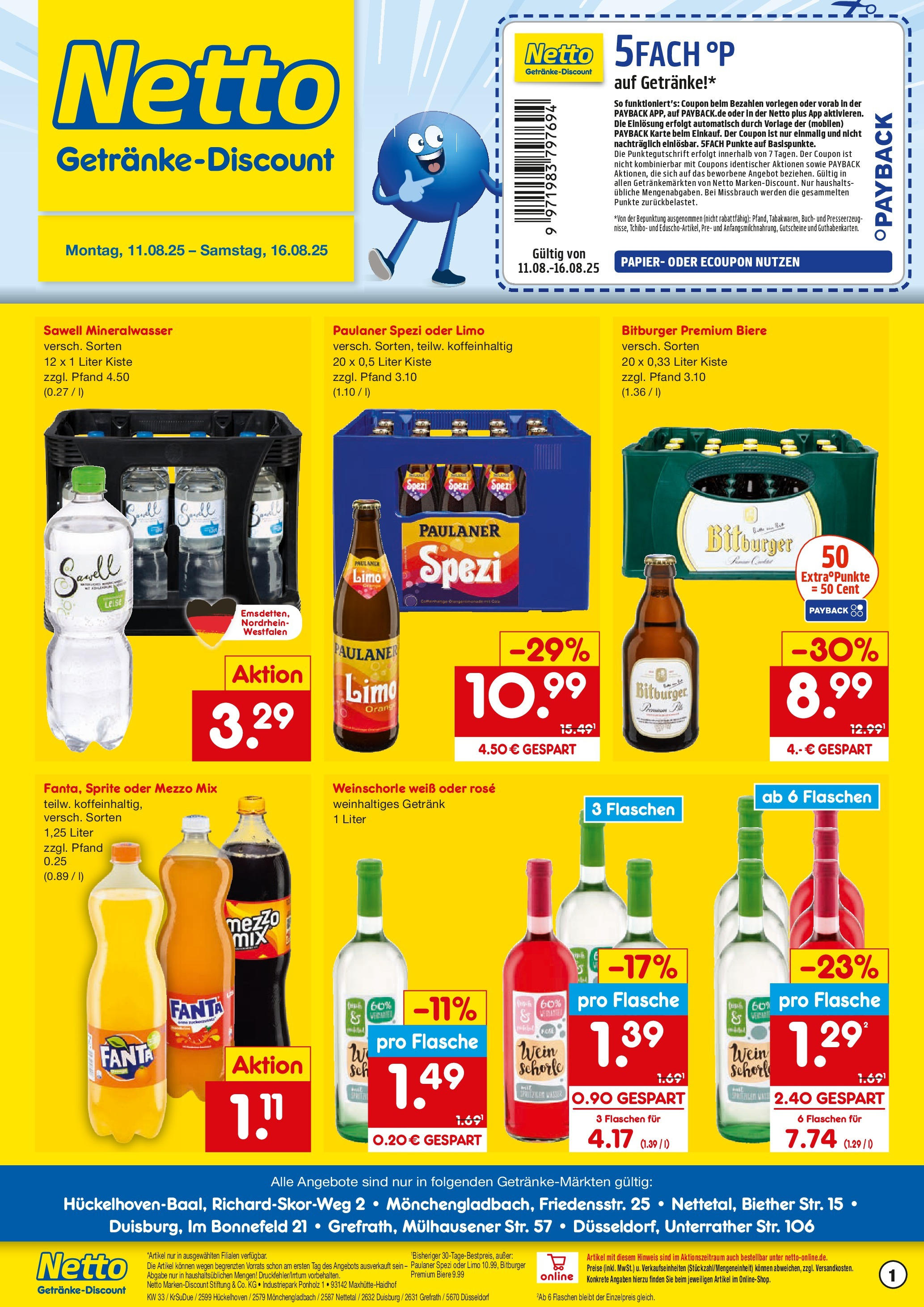 Netto Marken-Discount prospekt Hückelhoven-Baal (ab 11.08.2025) » Angebote | Seite: 1 | Produkte: Mezzo mix, Paulaner spezi, Weinschorle, Paulaner Netto Marken-Discount prospekt Hückelhoven-Baal (ab 11.08.2025) » Angebote | Seite: 1 | Produkte: Mezzo mix, Paulaner spezi, Weinschorle, Paulaner
