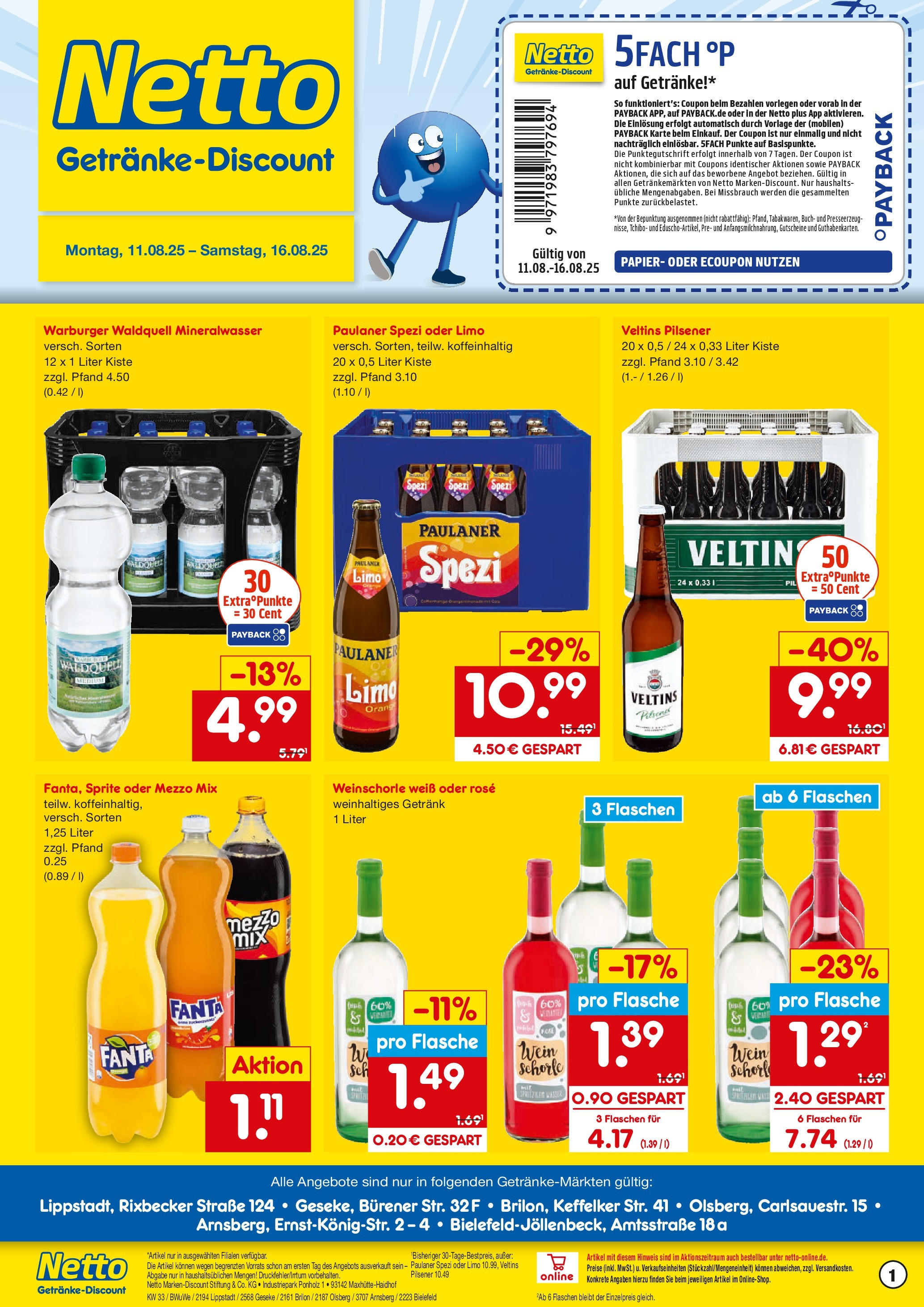 Netto Marken-Discount prospekt Olsberg	 (ab 11.08.2025) » Angebote | Seite: 1 | Produkte: Mezzo mix, Oder mezzo mix, Wein, Veltins