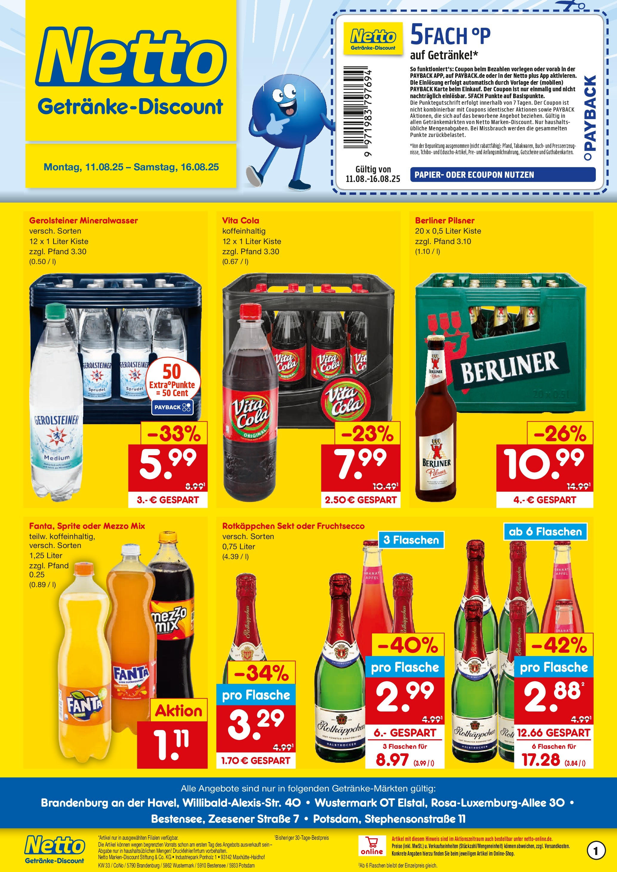 Netto Marken-Discount prospekt Potsdam (ab 11.08.2025) » Angebote | Seite: 1 | Produkte: Berliner, Sekt, Vita cola, Berliner pilsner Netto Marken-Discount prospekt Potsdam (ab 11.08.2025) » Angebote | Seite: 1 | Produkte: Berliner, Sekt, Vita cola, Berliner pilsner