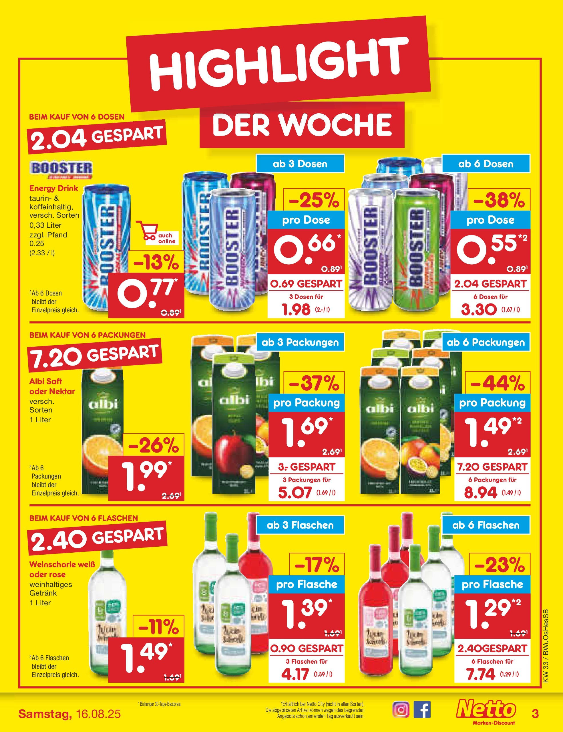 Netto Marken-Discount prospekt Witzenhausen (ab 07.08.2025) » Angebote | Seite: 3 | Produkte: Energy, Weinschorle, Saft Netto Marken-Discount prospekt Witzenhausen (ab 07.08.2025) » Angebote | Seite: 3 | Produkte: Energy, Weinschorle, Saft