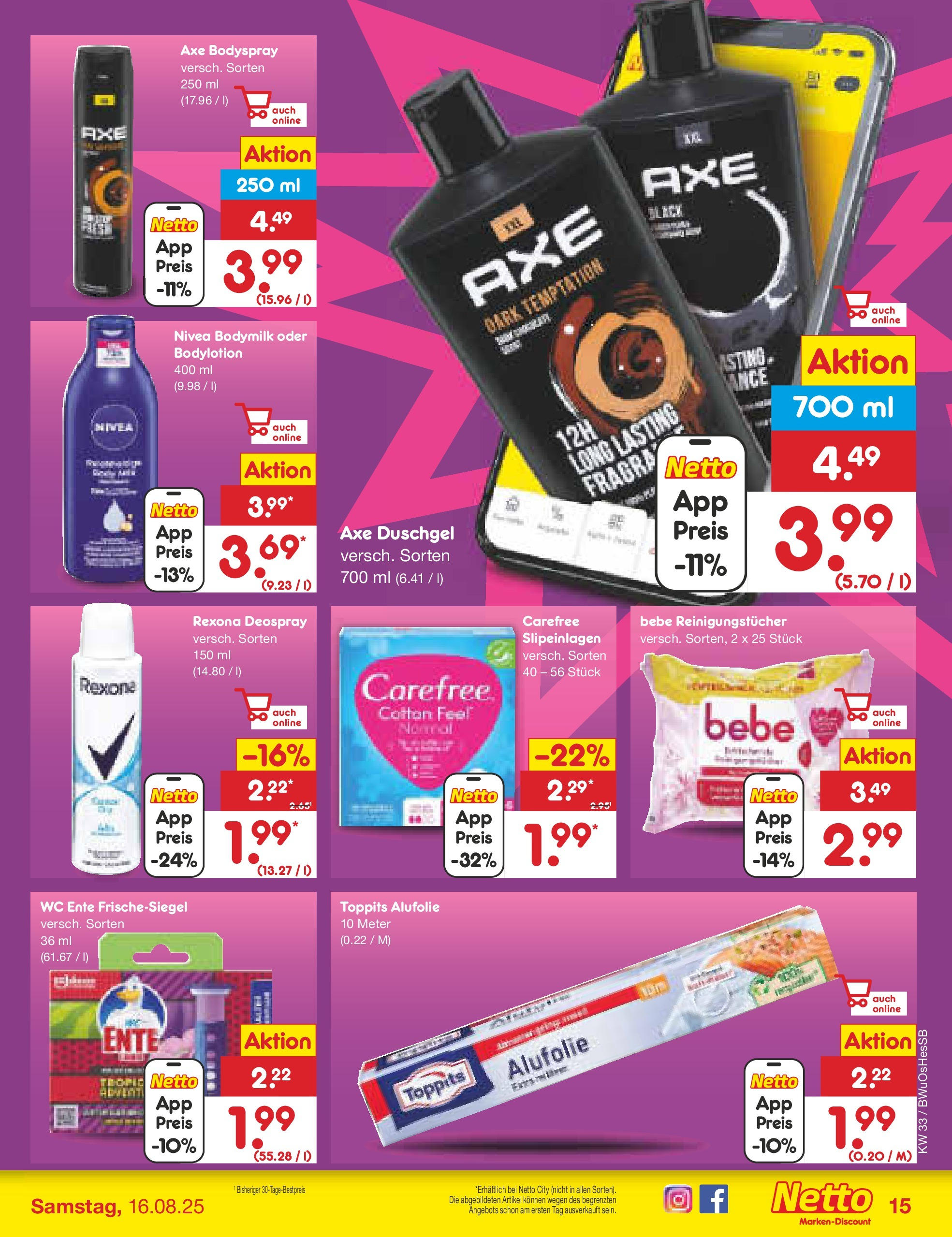 Netto Marken-Discount prospekt Witzenhausen (ab 07.08.2025) » Angebote | Seite: 23 | Produkte: Duschgel, Axe, Deospray, Ente Netto Marken-Discount prospekt Witzenhausen (ab 07.08.2025) » Angebote | Seite: 23 | Produkte: Duschgel, Axe, Deospray, Ente