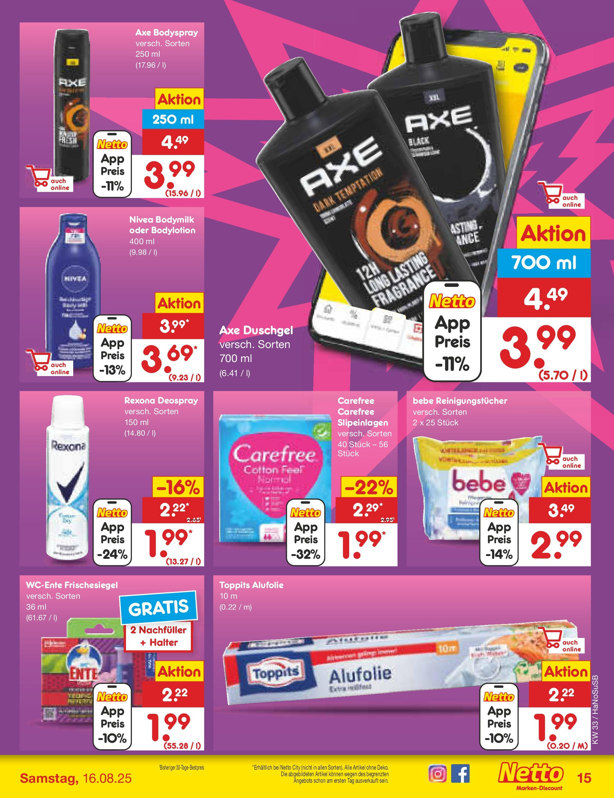 Netto Marken-Discount prospekt Wuppertal (ab 11.08.2025) » Angebote | Seite: 23 | Produkte: Duschgel, Axe, Deospray, Ente Netto Marken-Discount prospekt Wuppertal (ab 11.08.2025) » Angebote | Seite: 23 | Produkte: Duschgel, Axe, Deospray, Ente