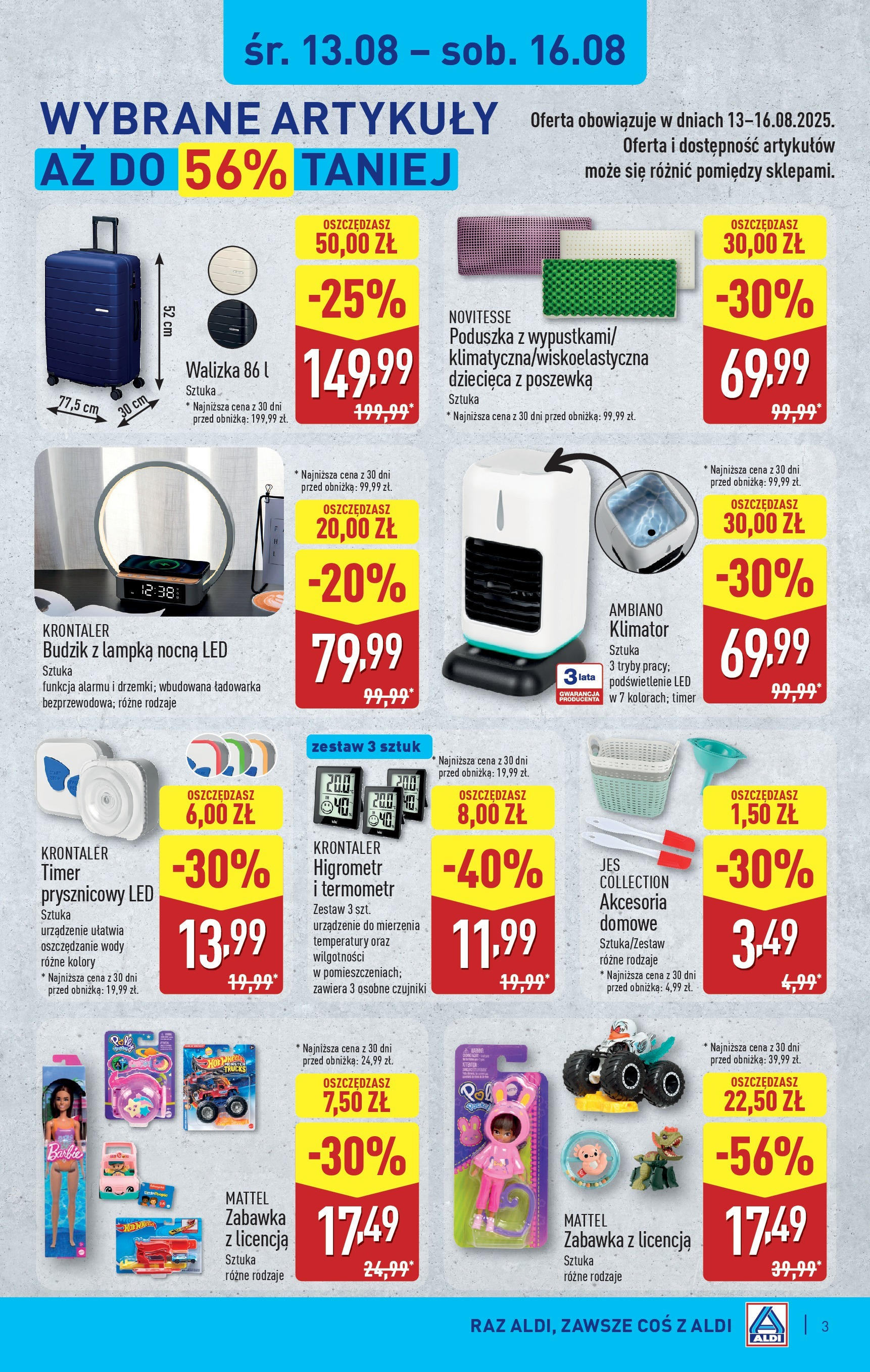 Aldi Gazetka - Hity od Środy i od Soboty od 13.08.2025 - Ulotka PDF, promocje | Strona: 3 | Produkty: Walizka, Termometr, Barbie, Poduszka