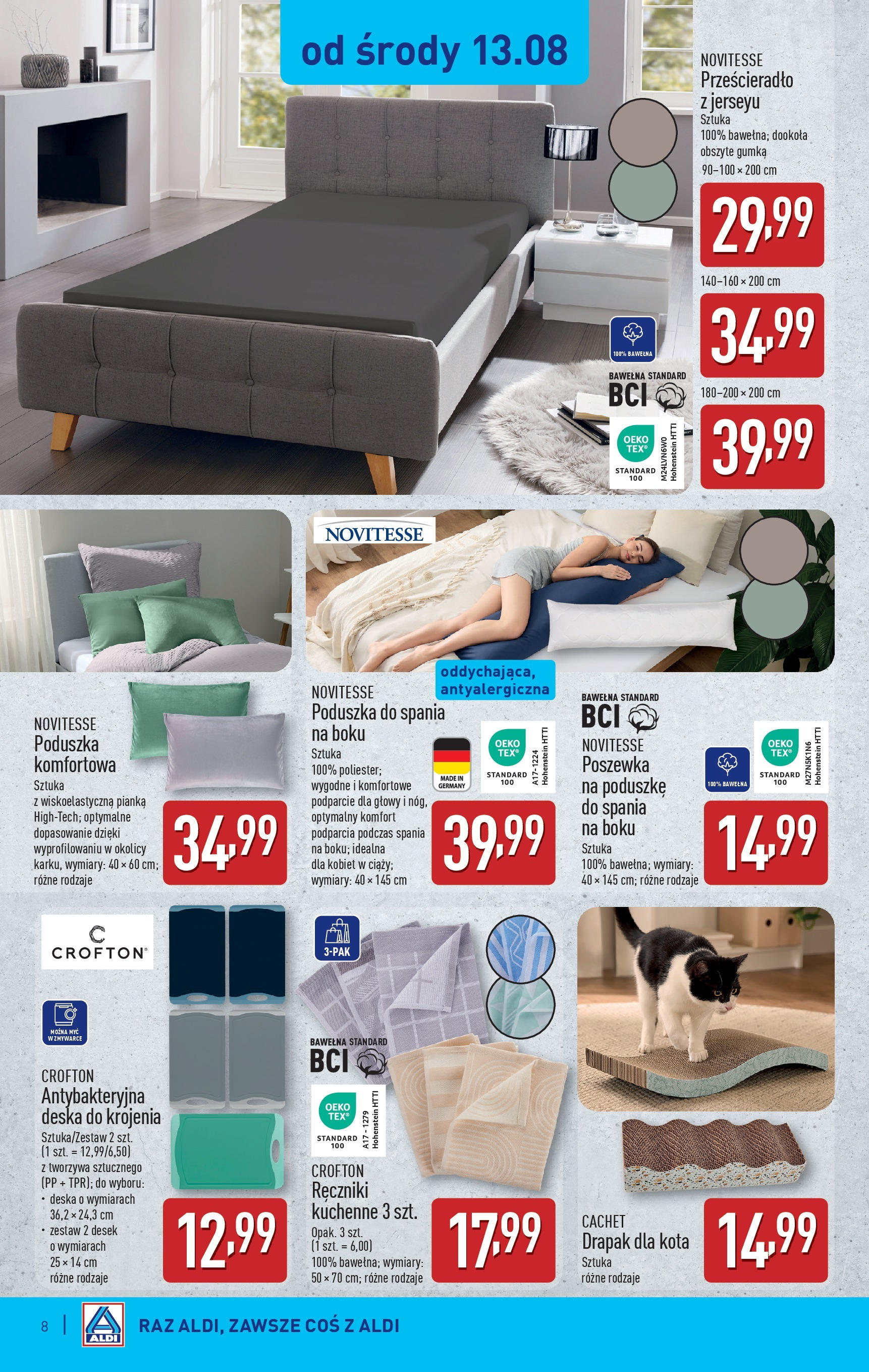 Aldi Gazetka - Hity od Środy i od Soboty od 13.08.2025 - Ulotka PDF, promocje | Strona: 8 | Produkty: Poduszka, Drapak, Drapak dla kota, Deska do krojenia