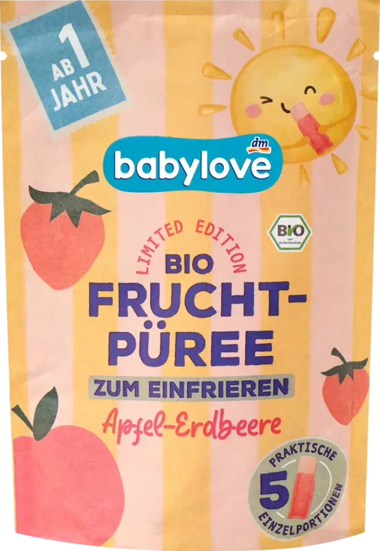 babylove Quetschie Fruchtpüree Apfel-Erdbeere zum Einfrieren ab 1 Jahr (5x45g)
