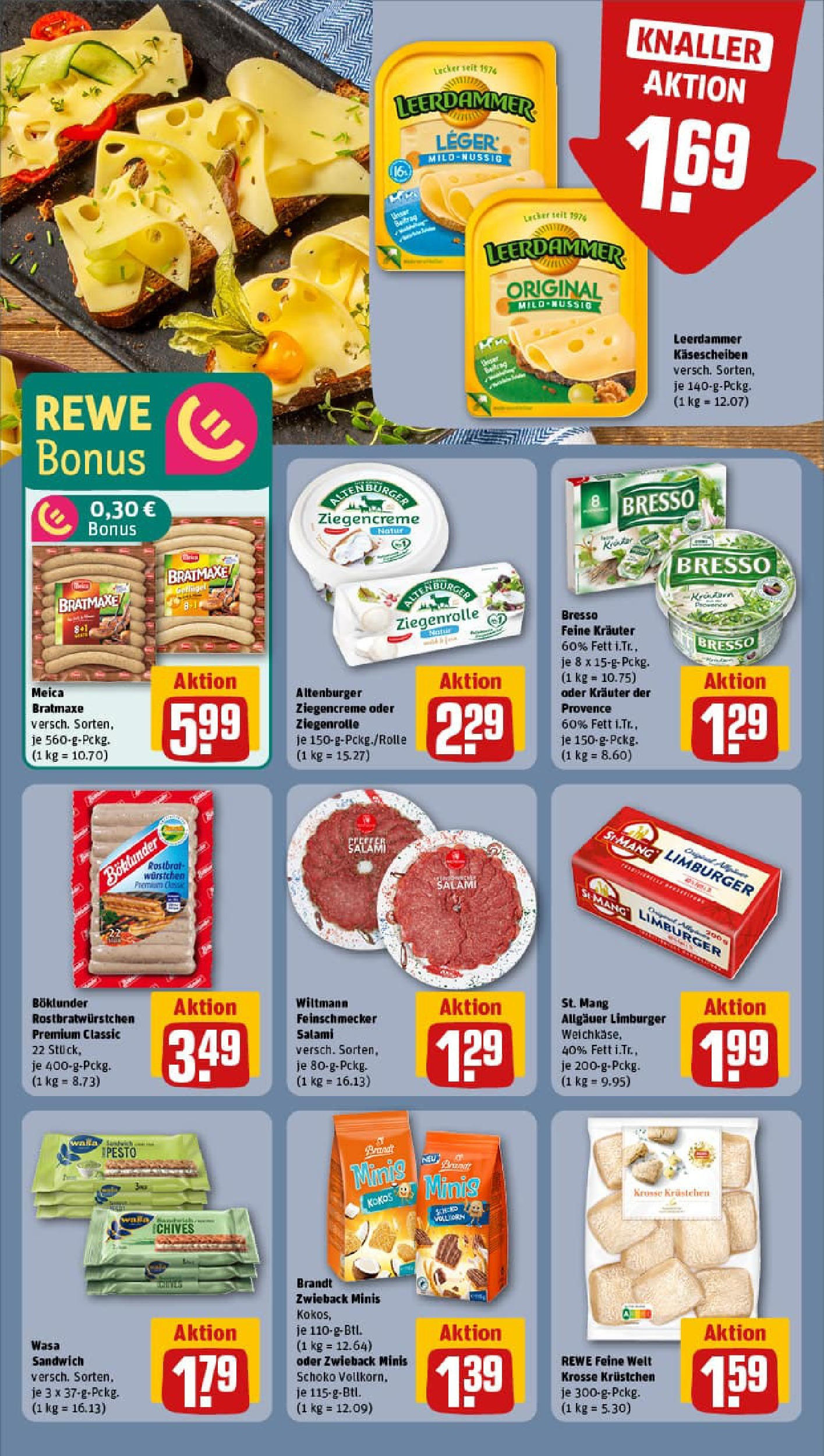 REWE Prospekt ab 11.08.2025 zum Blättern » Angebote | Seite: 10 | Produkte: Bresso, Leerdammer, Meica, Salami