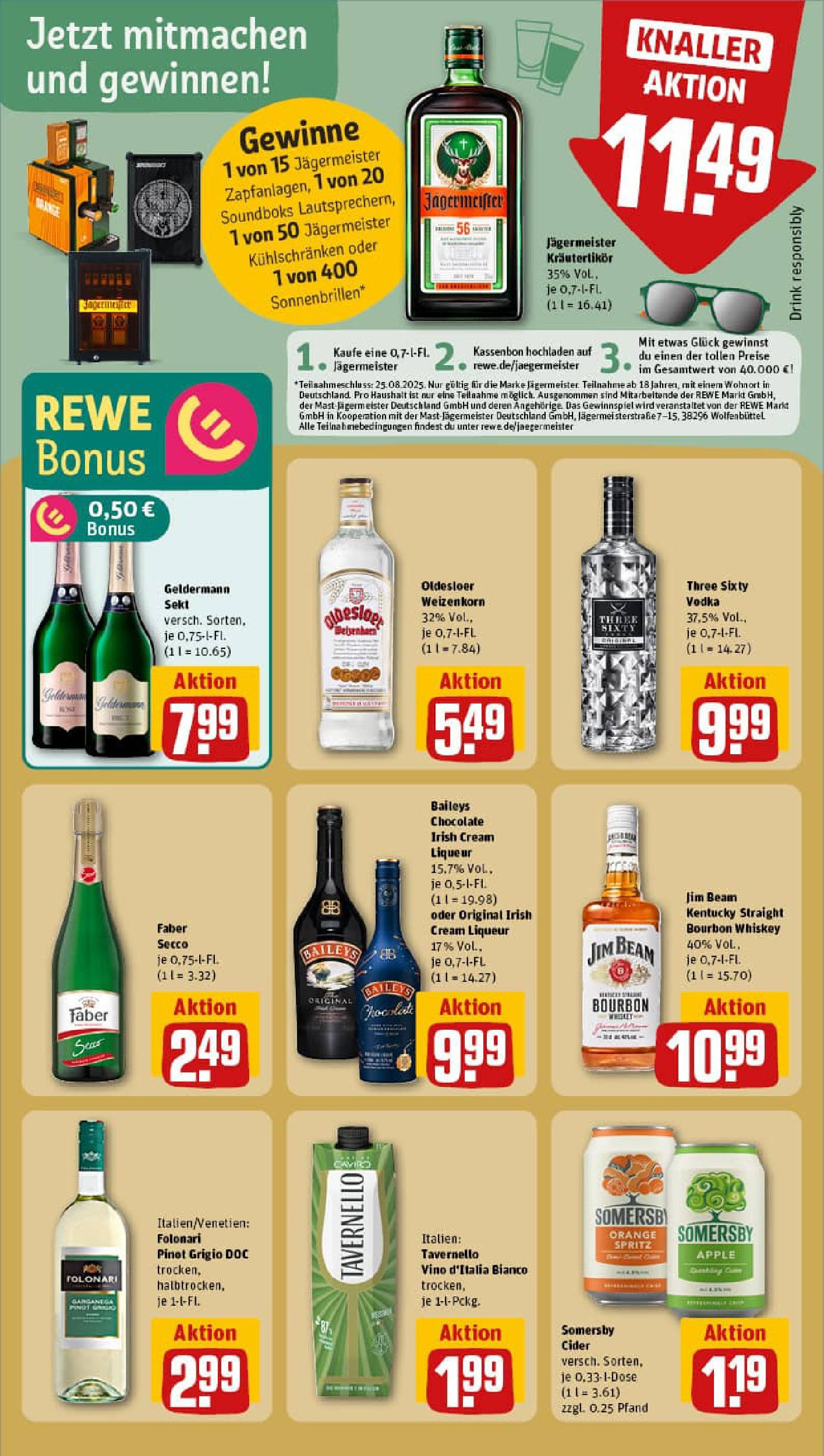 REWE Prospekt ab 11.08.2025 zum Blättern » Angebote | Seite: 19 | Produkte: Jim beam, Jägermeister, Baileys, Whiskey