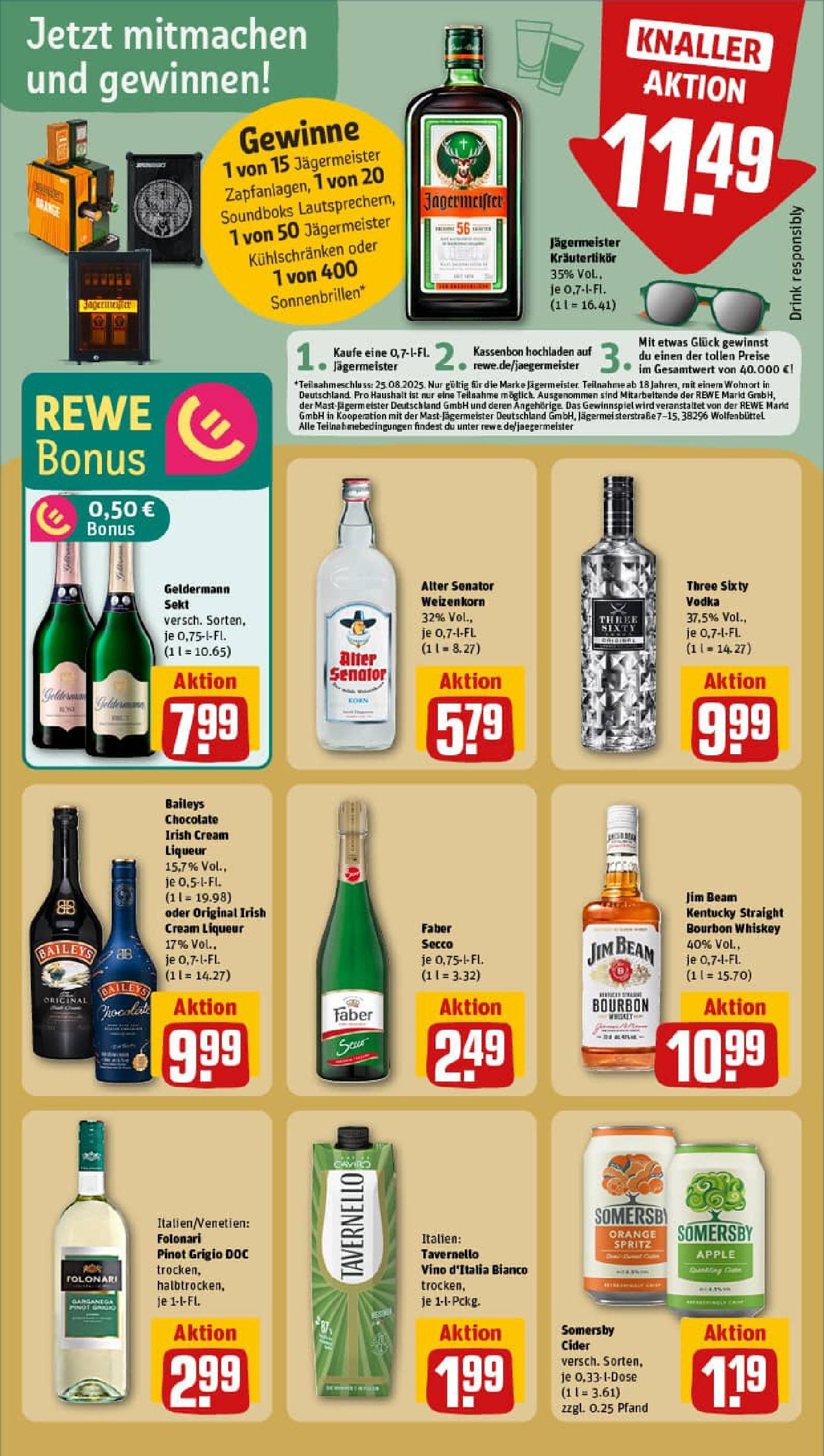 REWE Prospekt ab 11.08.2025 zum Blättern » Angebote | Seite: 19 | Produkte: Sekt, Apple, Jägermeister, Whiskey REWE Prospekt ab 11.08.2025 zum Blättern » Angebote | Seite: 19 | Produkte: Sekt, Apple, Jägermeister, Whiskey