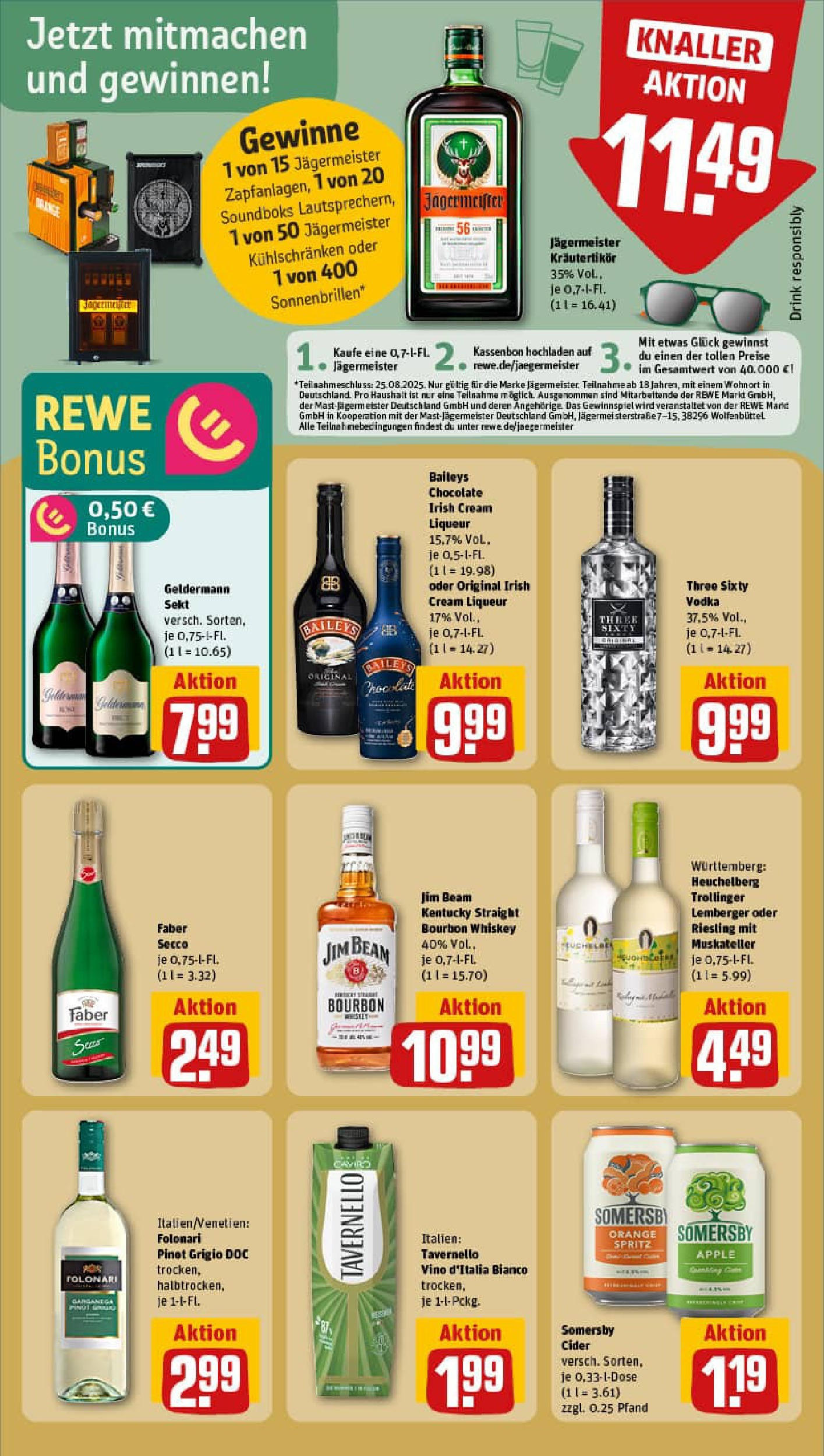 REWE Prospekt ab 10.08.2025 zum Blättern » Angebote | Seite: 21 | Produkte: Jim beam, Sekt, Jägermeister, Baileys REWE Prospekt ab 10.08.2025 zum Blättern » Angebote | Seite: 21 | Produkte: Jim beam, Sekt, Jägermeister, Baileys