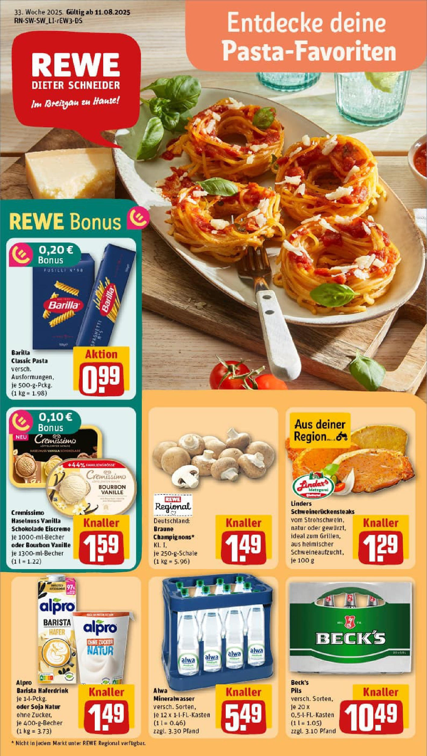 REWE Prospekt ab 11.08.2025 zum Blättern » Angebote | Seite: 1 | Produkte: Cremissimo, Schokolade, Haferdrink, Pasta