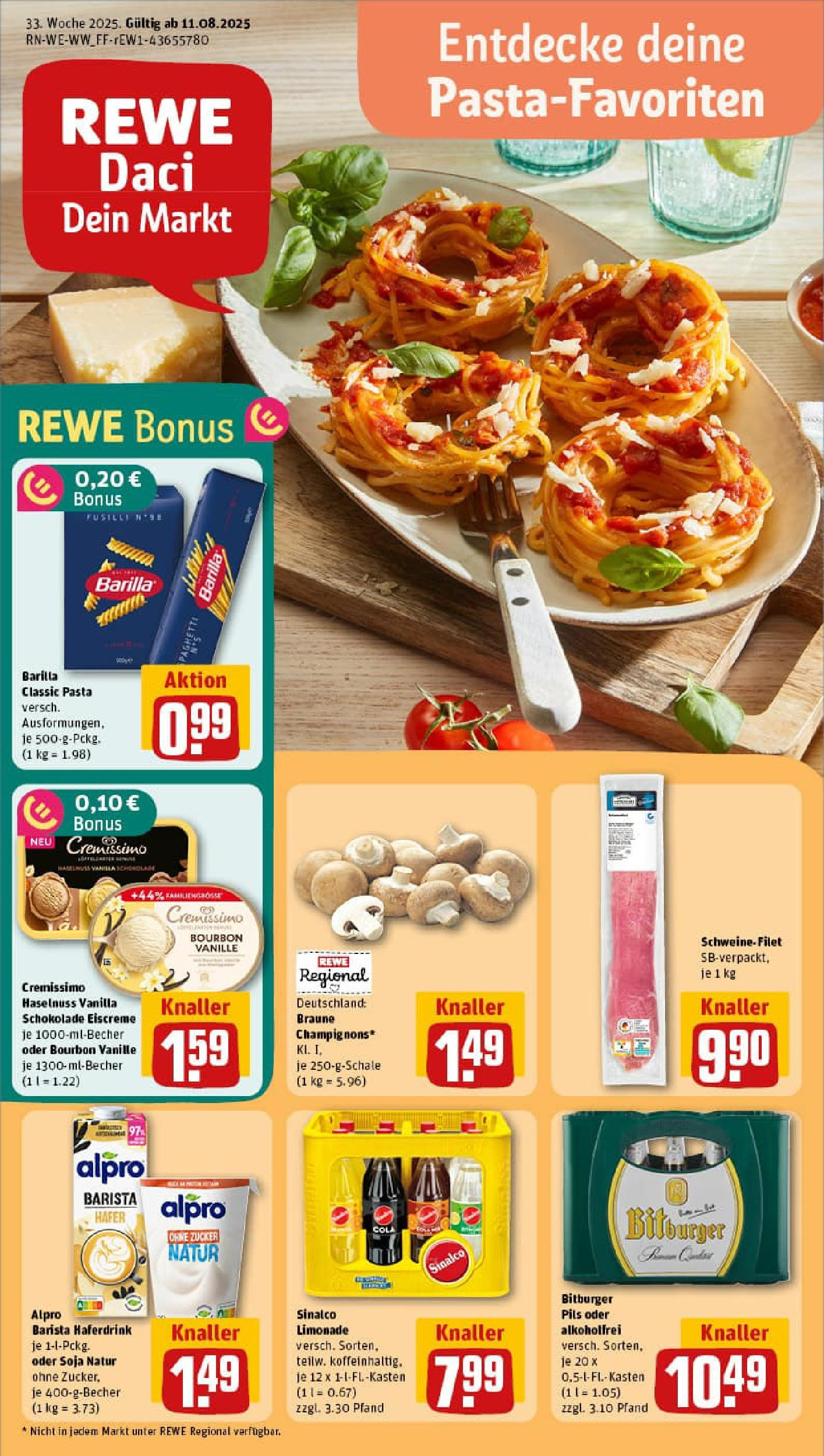 REWE Prospekt ab 10.08.2025 zum Blättern » Angebote | Seite: 1 | Produkte: Bitburger, Zucker, Pasta, Bourbon